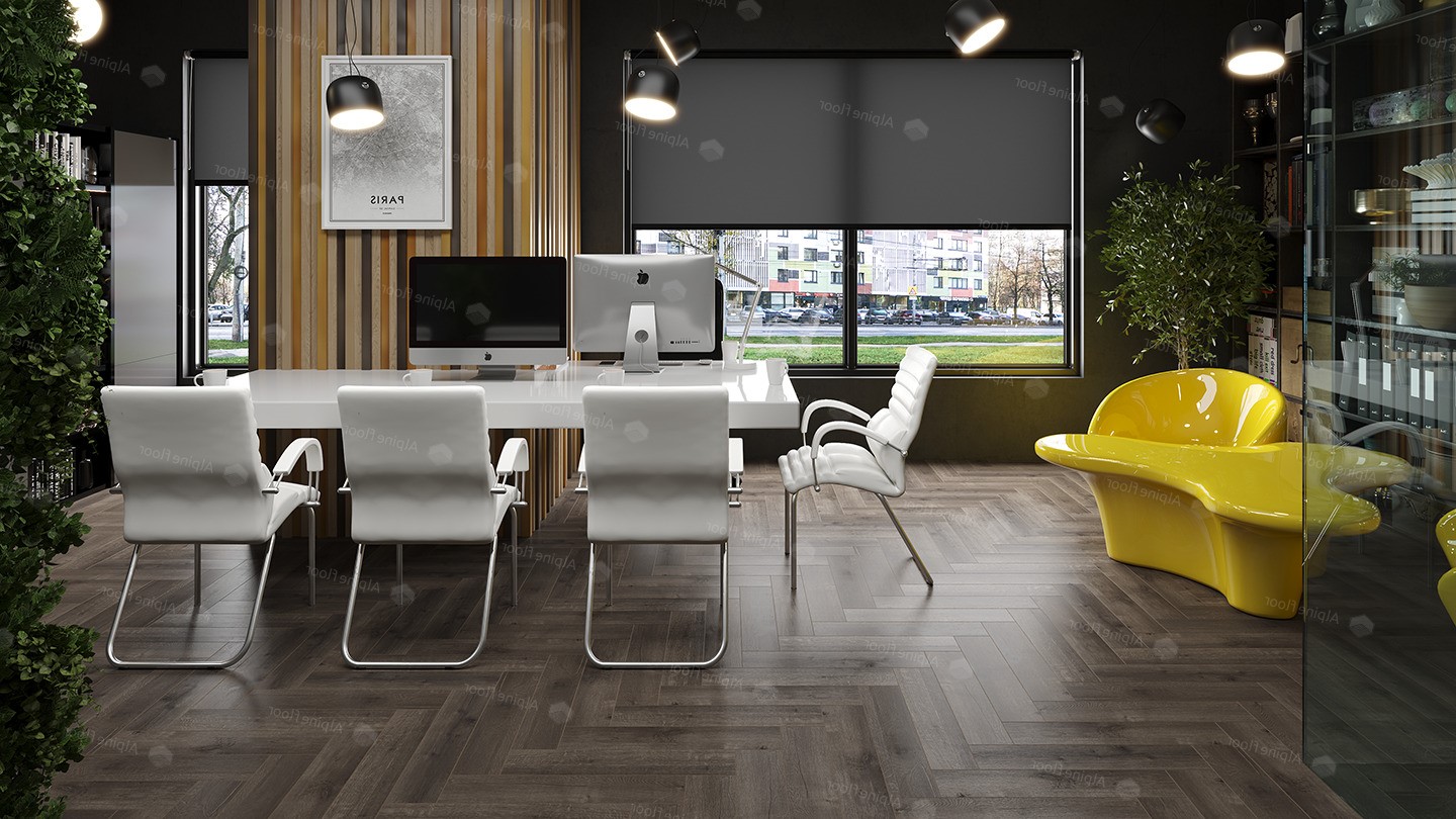 Кварцвиниловая плитка Alpine Floor клеевая Parquet LVT Дуб Антарес ECO 16-19 венгерская елка 590×118×2,5 фото в интерьере