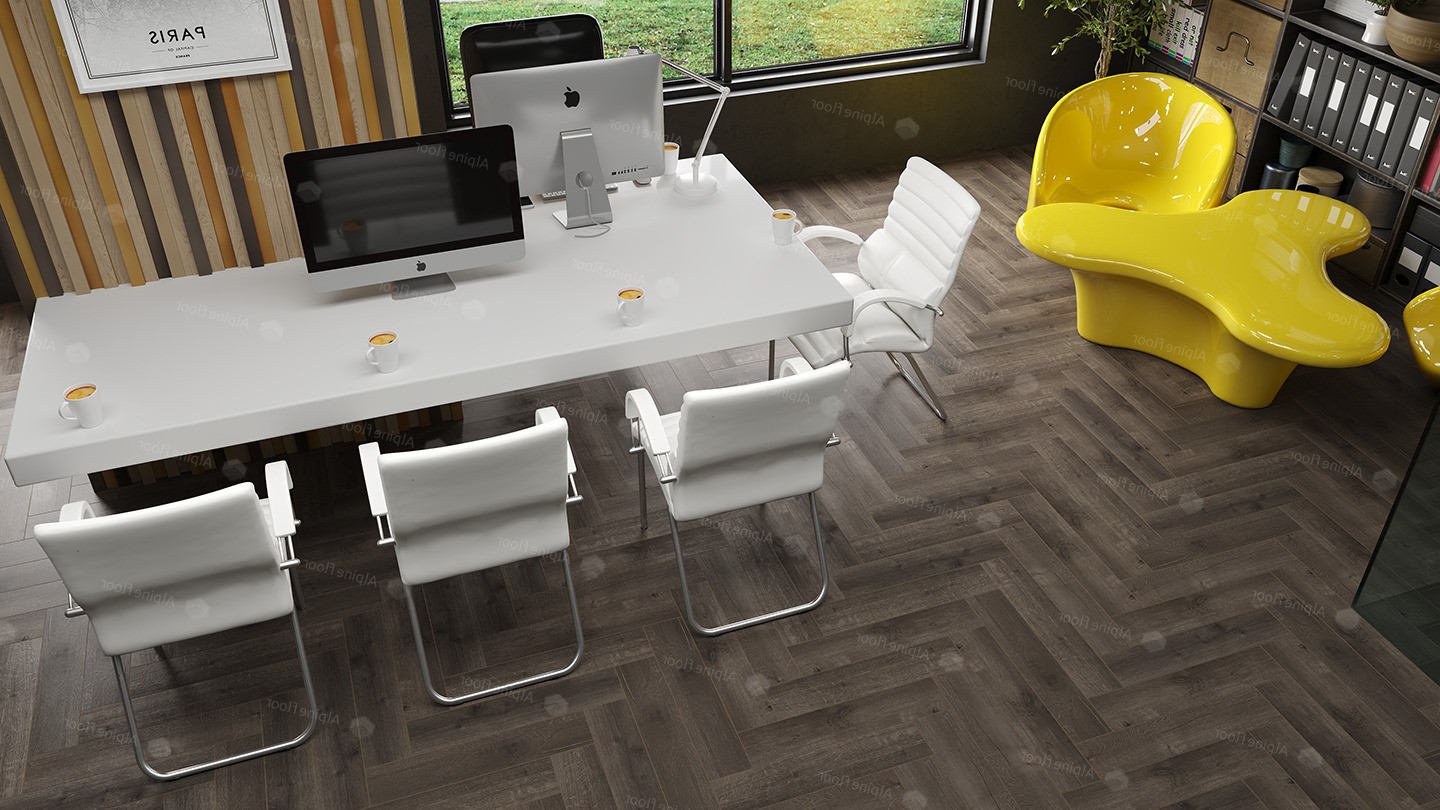 Кварцвиниловая плитка Alpine Floor клеевая Parquet LVT Дуб Антарес ECO 16-19 венгерская елка 590×118×2,5 фото в интерьере