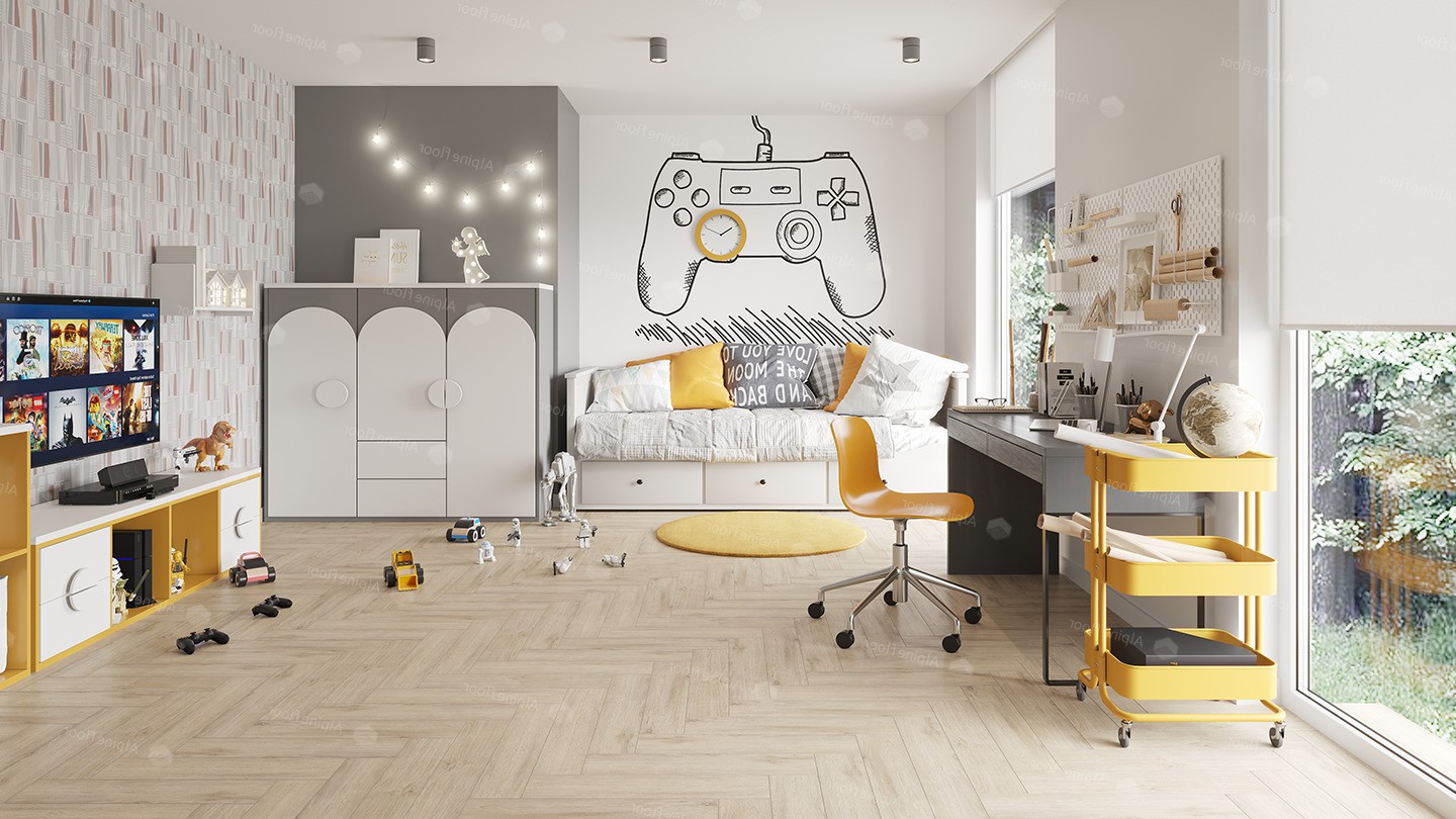 Кварцвиниловая плитка Alpine Floor клеевая Parquet LVT Дуб Медия ECO 16-20 венгерская елка 590×118×2,5 фото в интерьере