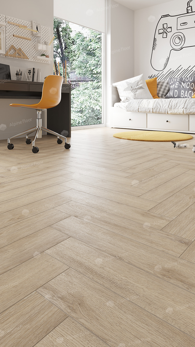 Кварцвиниловая плитка Alpine Floor клеевая Parquet LVT Дуб Медия ECO 16-20 венгерская елка 590×118×2,5 фото в интерьере