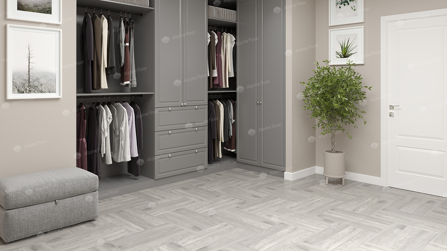 Кварцвиниловая плитка Alpine Floor клеевая Parquet LVT Дуб Полис ECO 16-21 венгерская елка 590×118×2,5 фото в интерьере