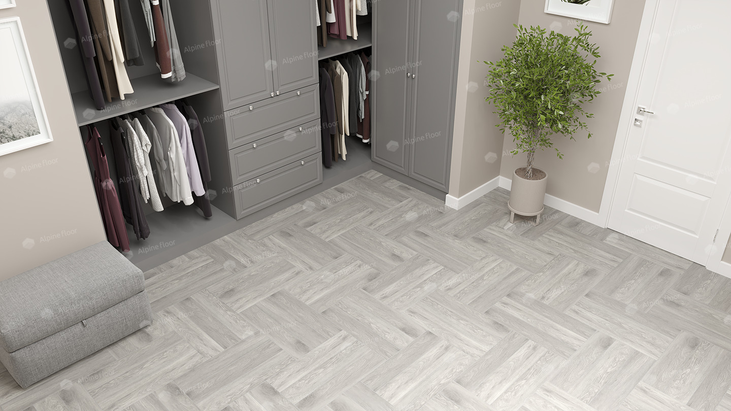 Кварцвиниловая плитка Alpine Floor клеевая Parquet LVT Дуб Полис ECO 16-21 венгерская елка 590×118×2,5 фото в интерьере