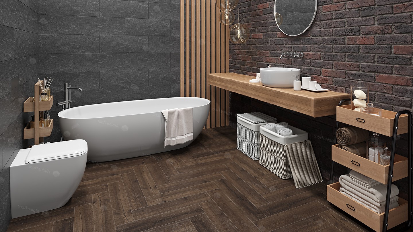 Кварцвиниловая плитка Alpine Floor клеевая Parquet LVT Дуб Альферац ECO 16-22 венгерская елка 590×118×2,5 фото в интерьере