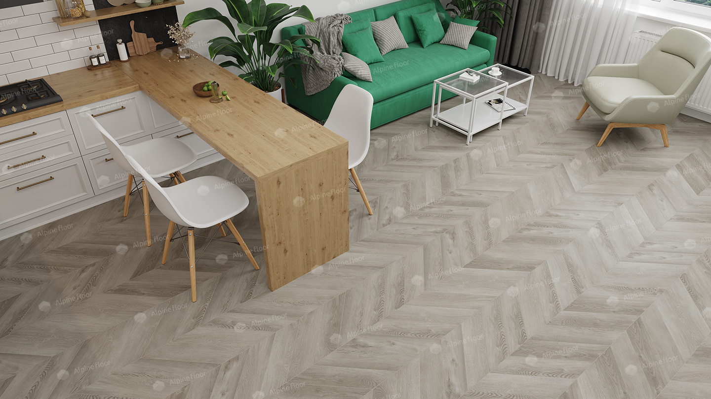 Кварцвиниловый SPC ламинат Alpine Floor Chevron Alpine Дуб Фантазия ECO 18-1 французская елка 600×127×5 фото в интерьере Кварцвиниловый SPC ламинат Alpine Floor Chevron Alpine Дуб Фантазия ECO 18-1 французская елка 600×127×5 фото в интерьере