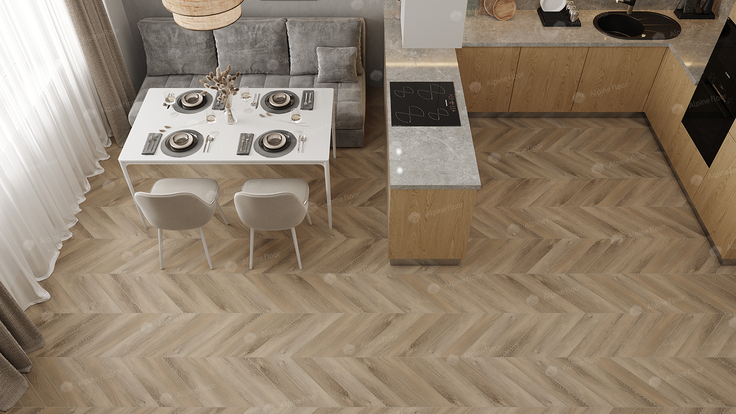 Кварцвиниловый SPC ламинат Alpine Floor Chevron Alpine Дуб Синистра ECO 18-6 французская елка 600×127×5 фото в интерьере Кварцвиниловый SPC ламинат Alpine Floor Chevron Alpine Дуб Синистра ECO 18-6 французская елка 600×127×5 фото в интерьере
