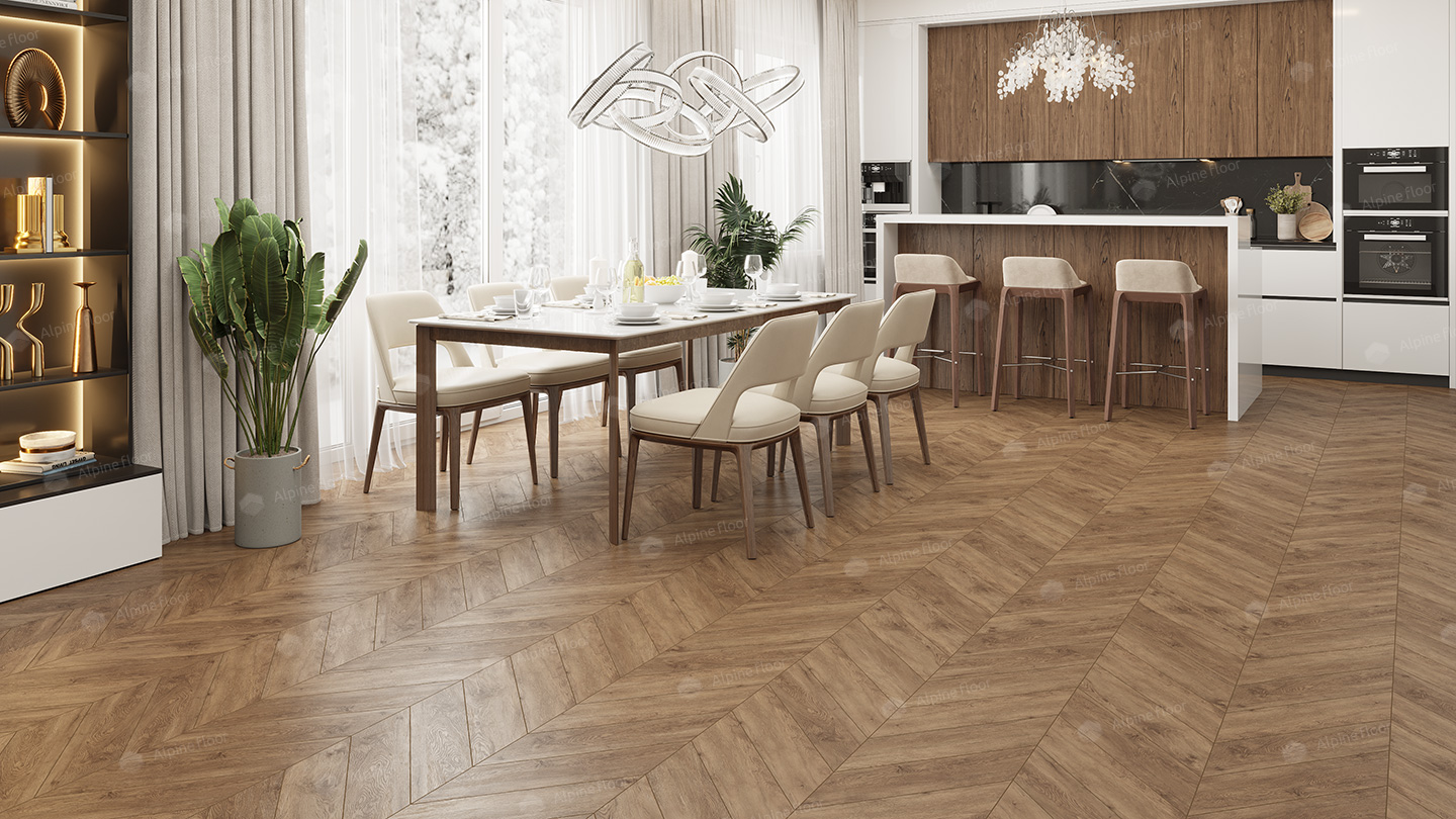 Кварцвиниловый SPC ламинат Alpine Floor Chevron Alpine Гевуина ECO 18-10 французская елка 600×127×5 фото в интерьере