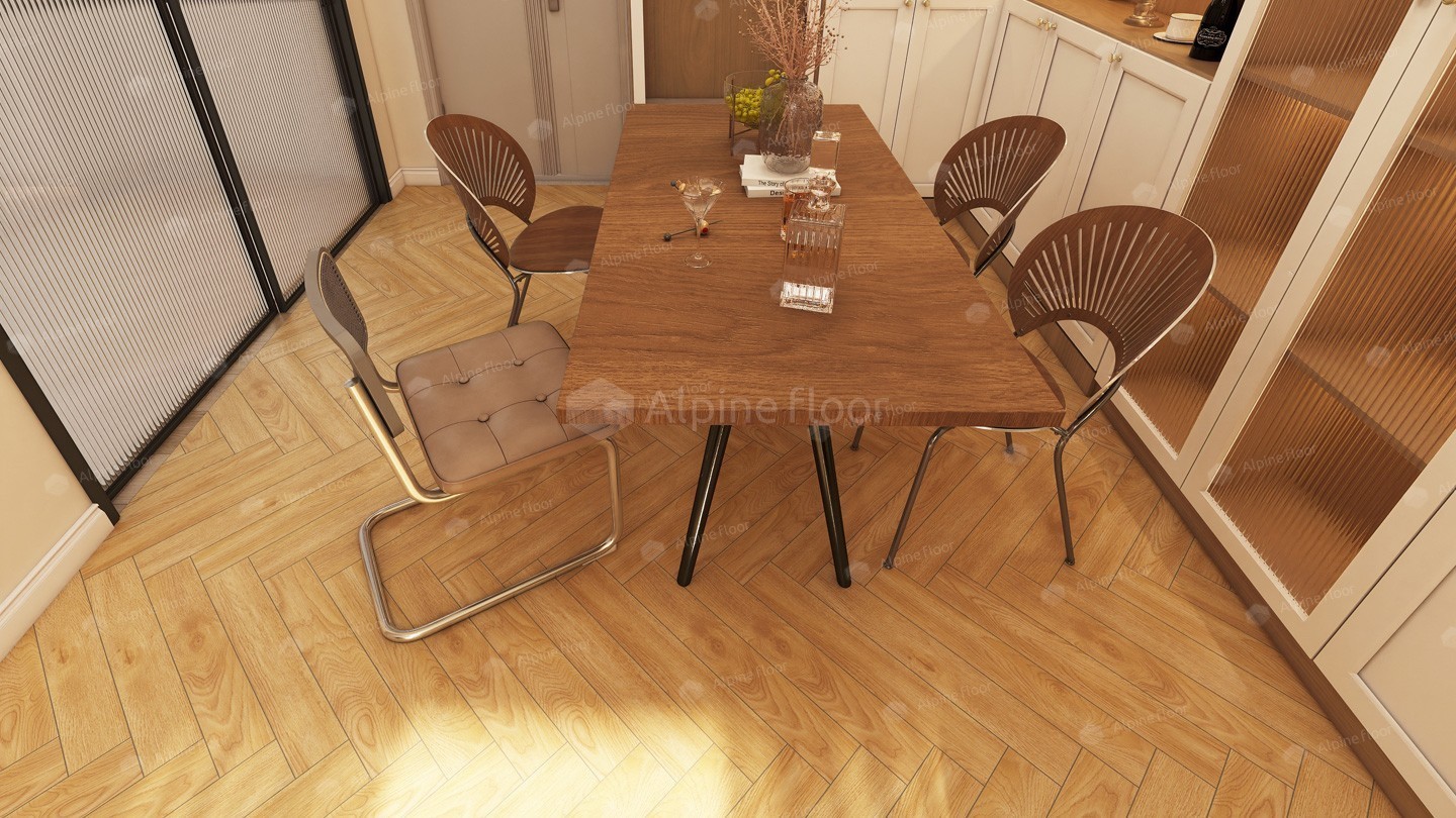 Ламинат Alpine Floor Herringbone 12 Дуб Пьемонт LF105-06 венгерская елка 600×100×12 фото в интерьере