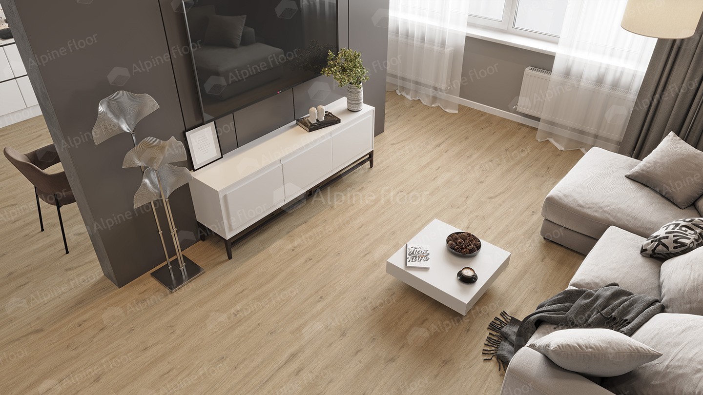 Кварцвиниловый SPC ламинат Alpine Floor Solo Plus Анданте ECO 14-1001 1220×183×4 фото в интерьере