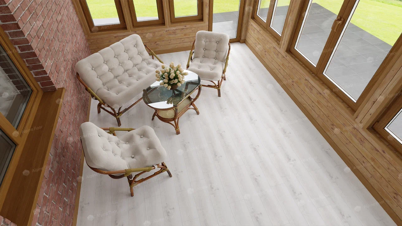 Кварцвиниловый SPC ламинат Alpine Floor Classic Light Дуб Выбеленный ECO 182-88 MC 1220×183×3,5 фото в интерьере