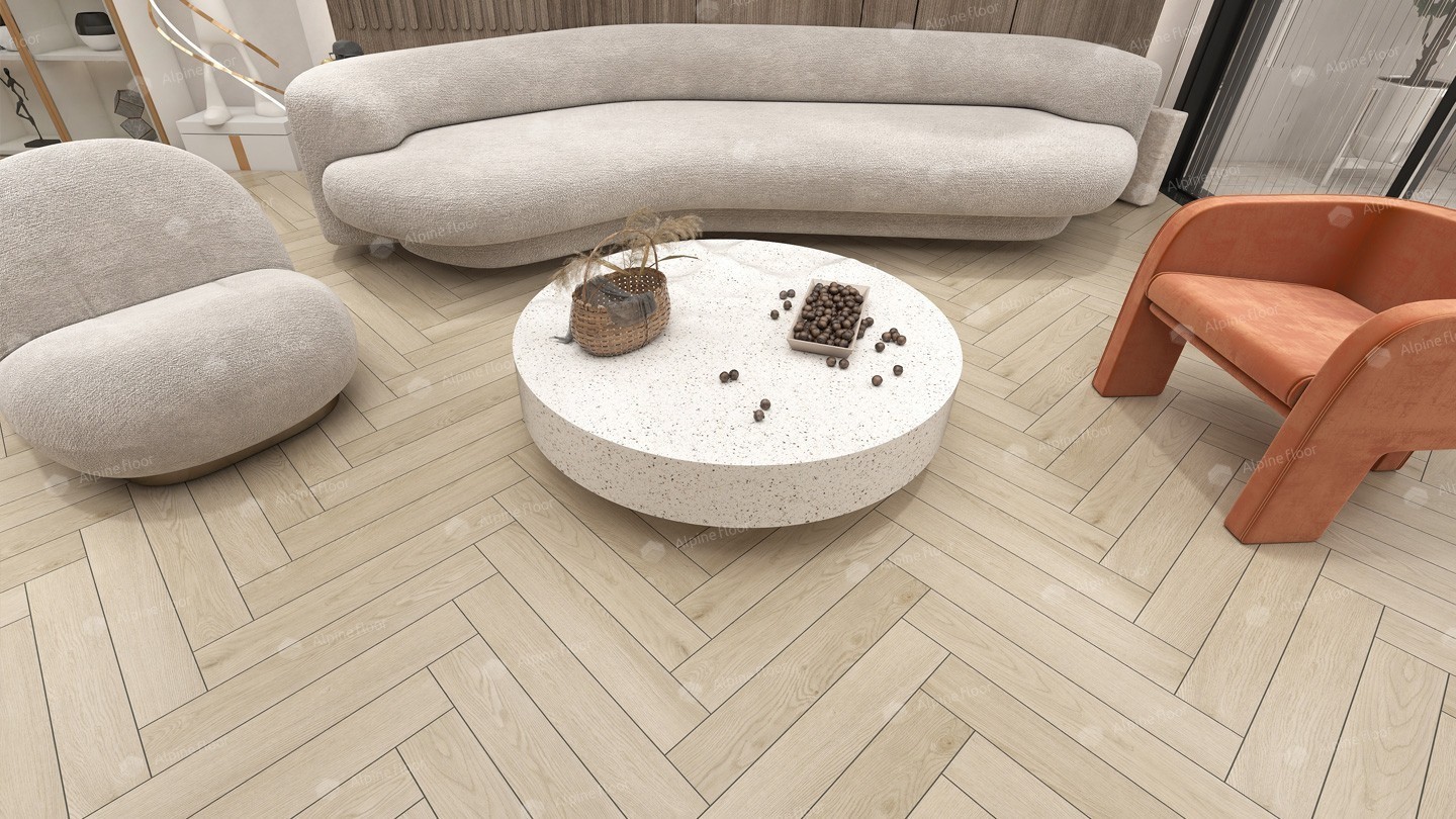 Ламинат Alpine Floor Herringbone 12 Дуб Сардиния LF105-02 венгерская елка 600×100×12 фото в интерьере