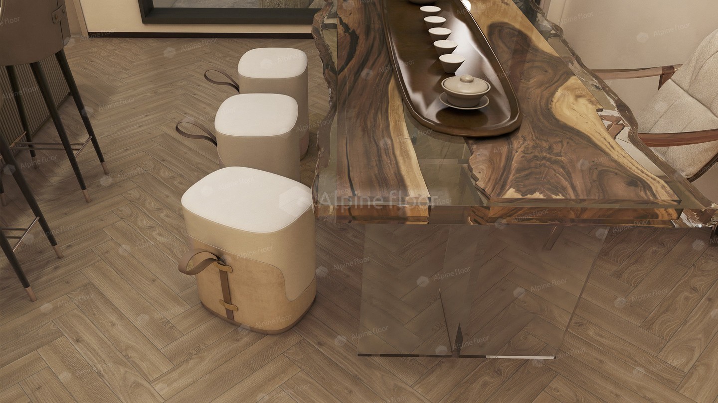 Ламинат Alpine Floor Herringbone 12 Дуб Калабрия LF105-09 венгерская елка 600×100×12 фото в интерьере