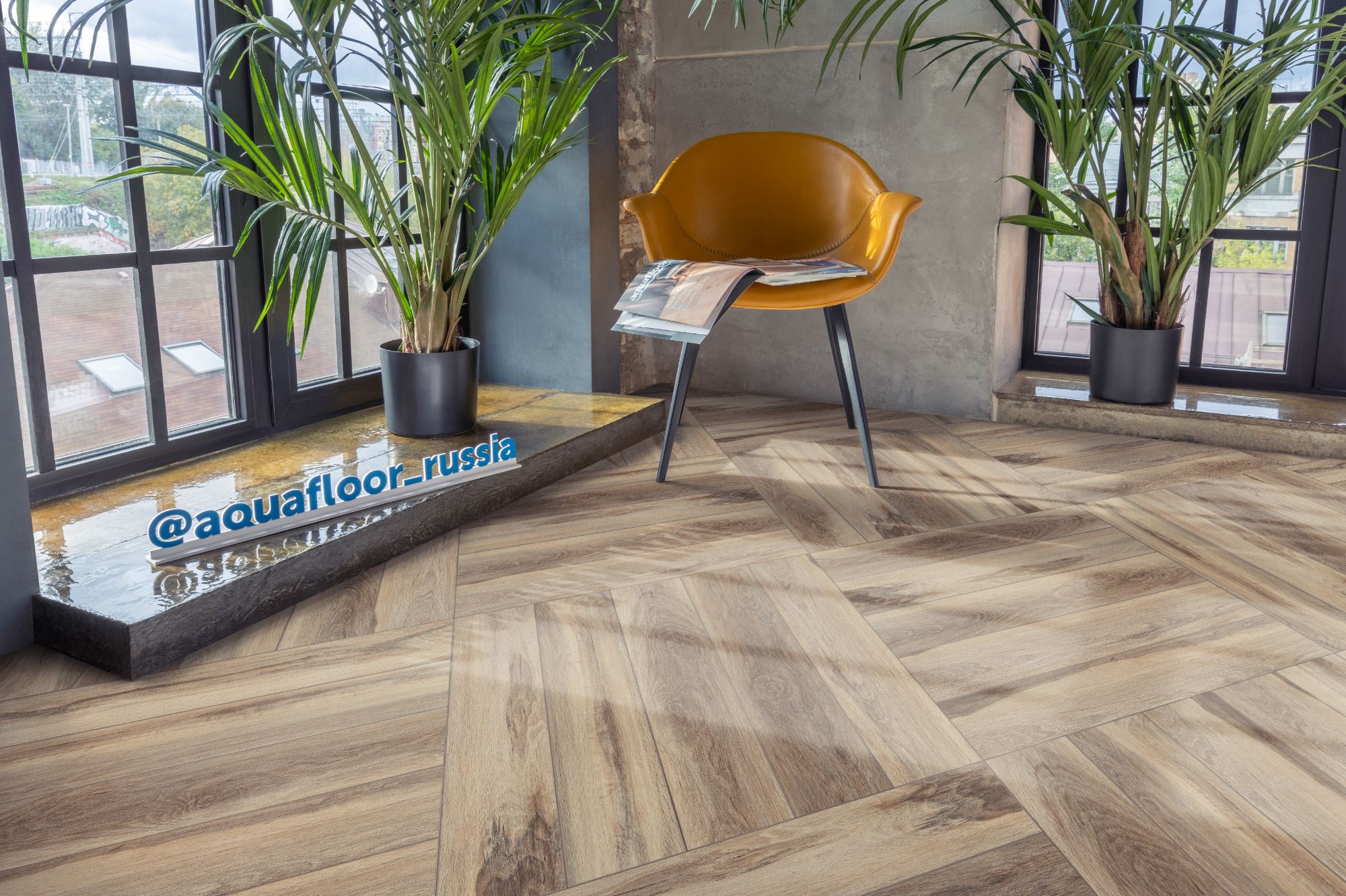 Кварцвиниловый SPC ламинат Aquafloor Space Parquet Light AF4502PQL венгерская елка 610×122×4,5 фото в интерьере