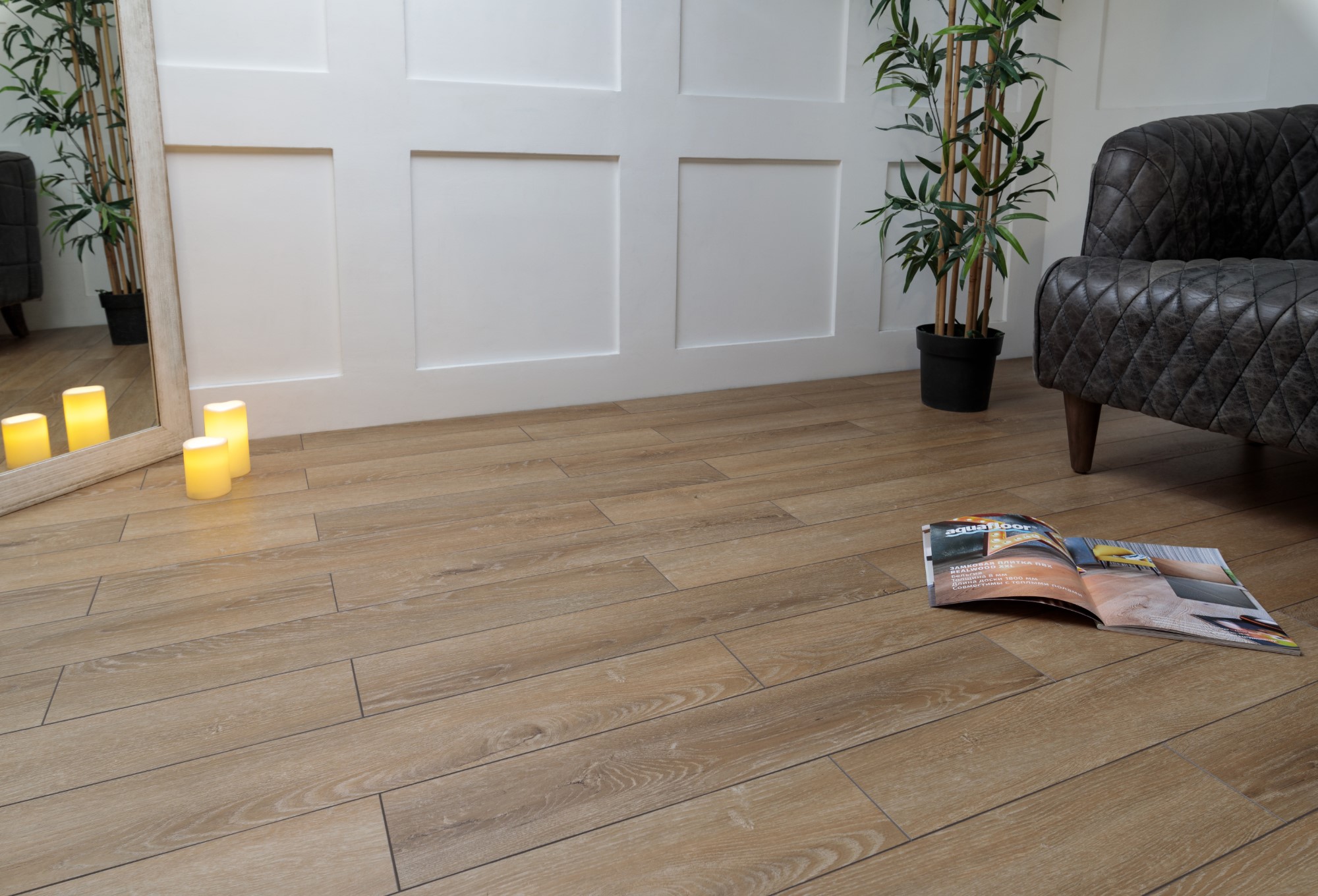 Кварцвиниловый SPC ламинат Aquafloor Parquet Plus AF6019PQ венгерская елка 720×120×7 фото в интерьере