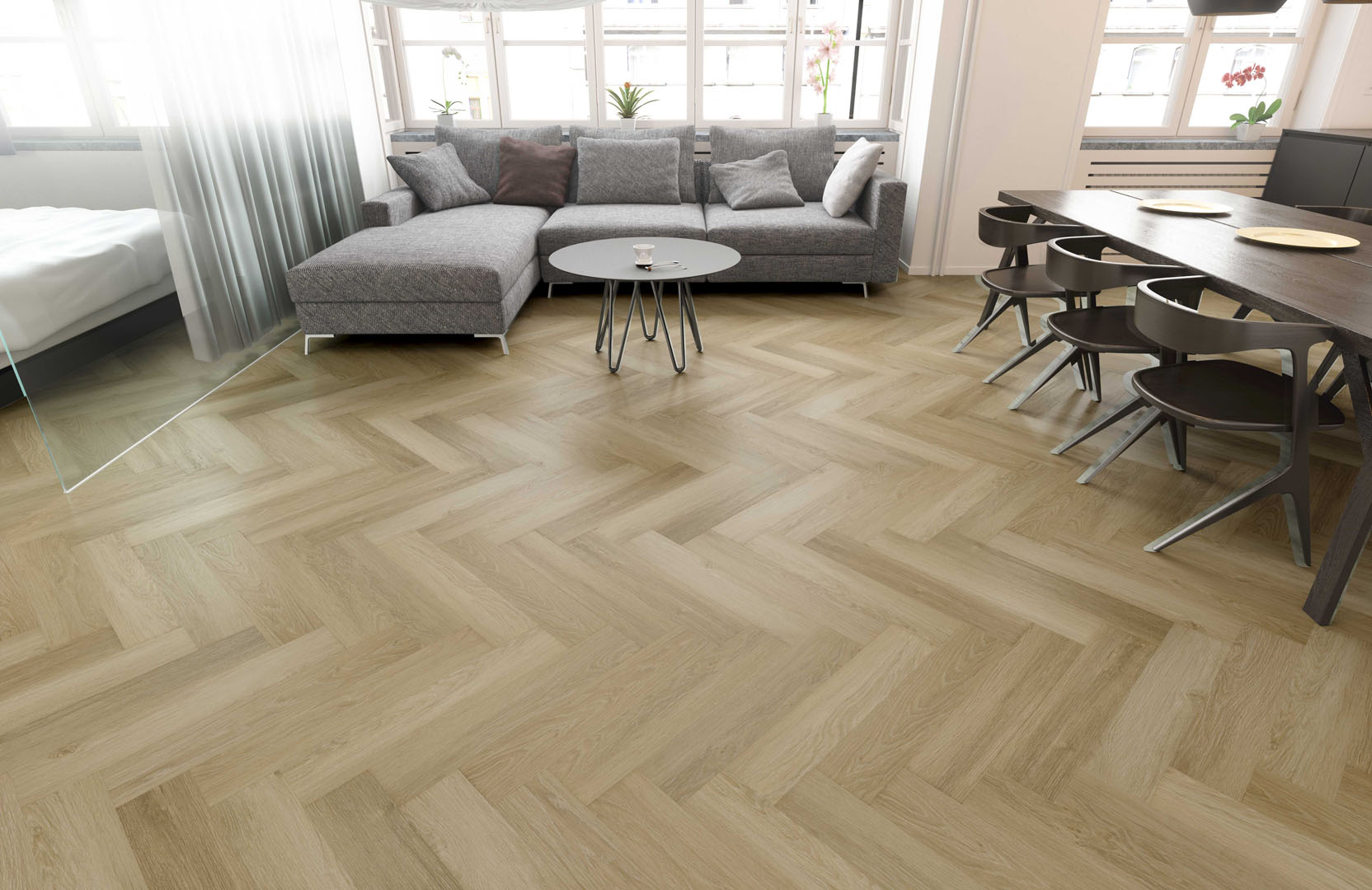 Кварцвиниловый SPC ламинат Fargo Parquet Дуб Норден 33-986-06 венгерская елка 615×123×4 фото в интерьере