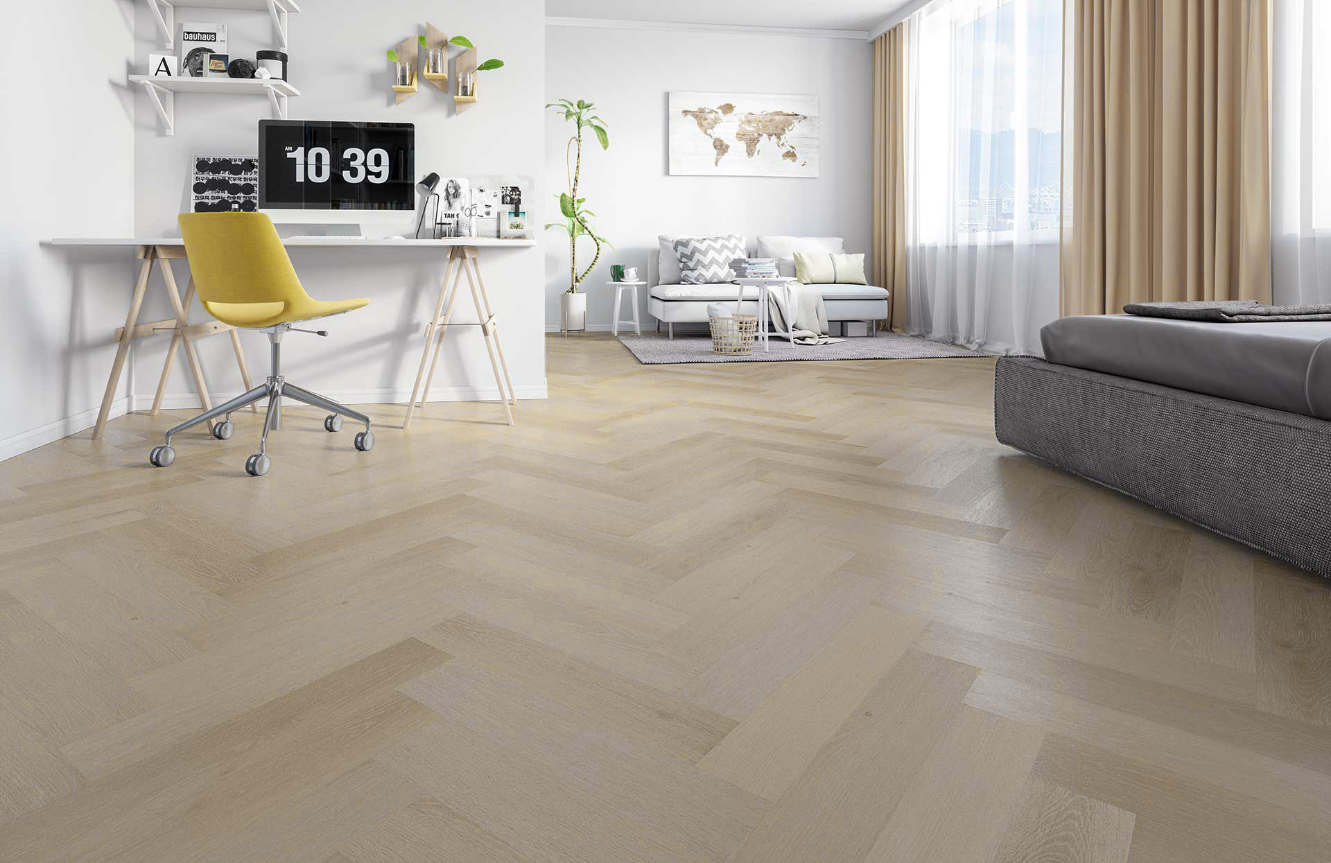 Кварцвиниловый SPC ламинат Fargo Parquet Дуб Спелый Миндаль 33-1166-02 венгерская елка 615×123×4 фото в интерьере