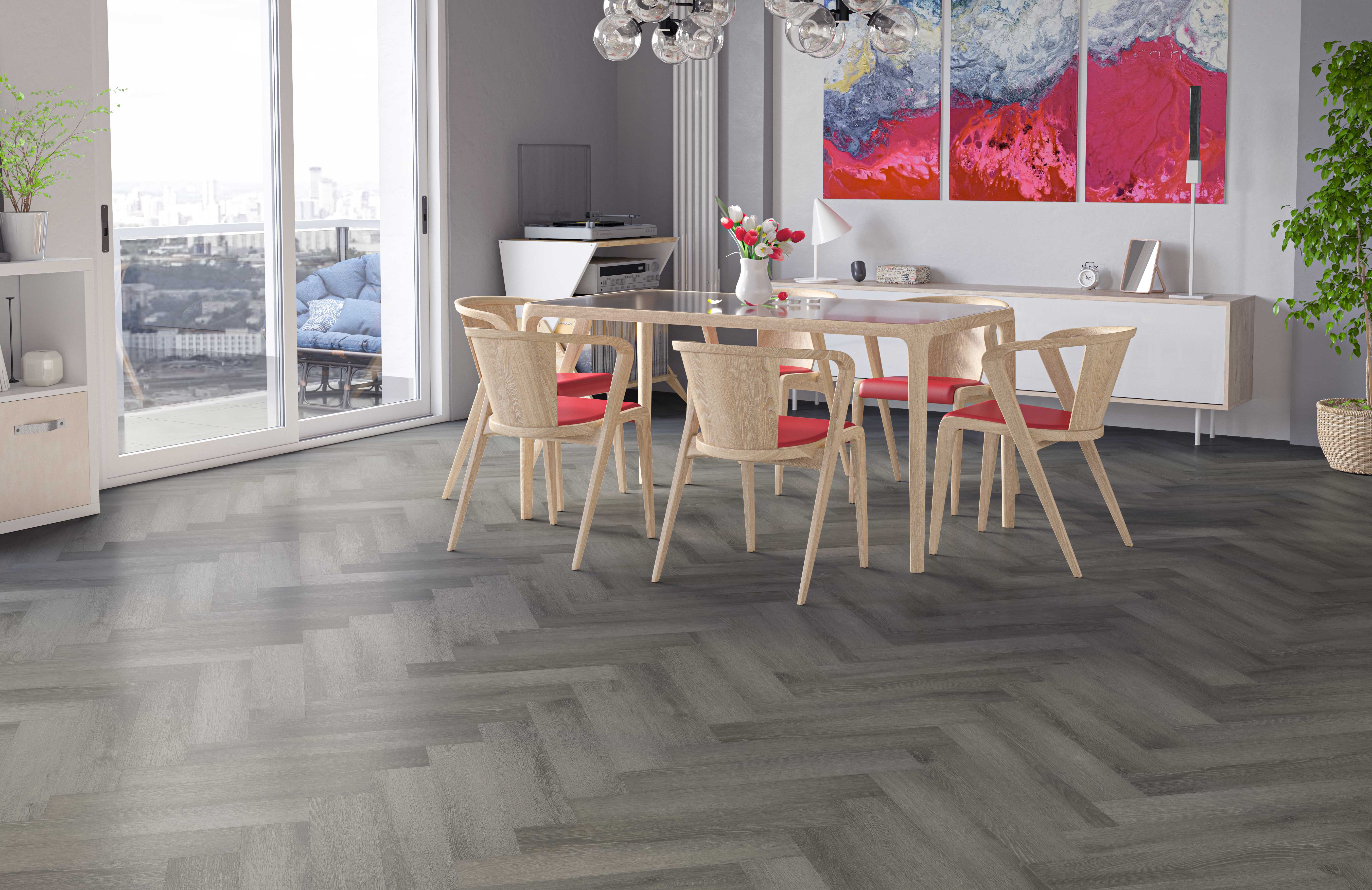 Кварцвиниловый SPC ламинат Fargo Parquet Дуб Вулканический Пляж 33-2074-05 венгерская елка 615×123×4 фото в интерьере