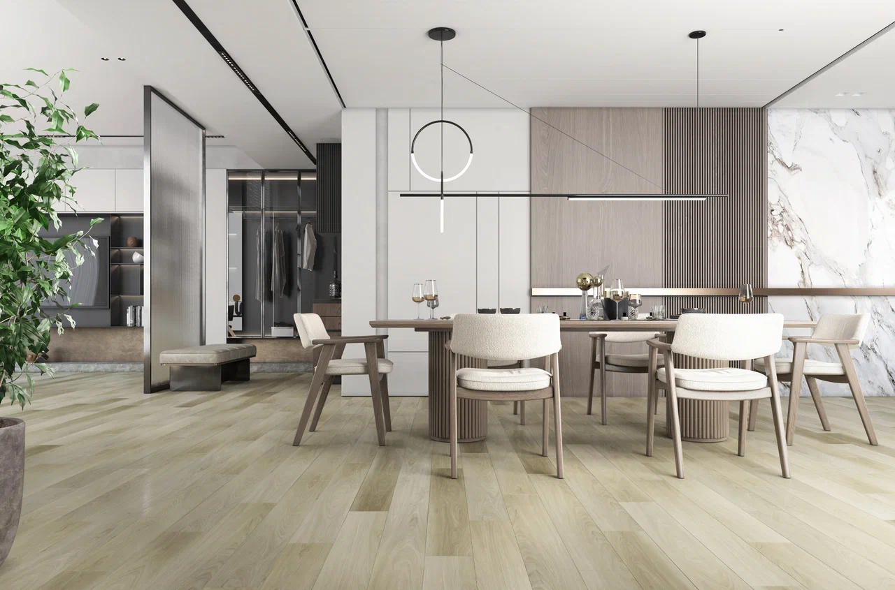 Кварцвиниловый SPC ламинат Fargo Comfort Вяз Оксфорд 2101−05 1220×150×4 фото в интерьере