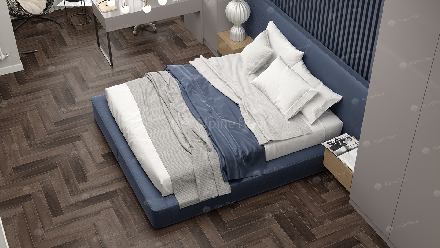 Кварцвиниловый SPC ламинат Alpine Floor Parquet Premium Дуб Фафнир ECO 19-16 венгерская елка 600×125×8 фото в интерьере