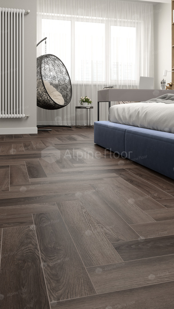 Кварцвиниловый SPC ламинат Alpine Floor Parquet Premium Дуб Фафнир ECO 19-16 венгерская елка 600×125×8 фото в интерьере