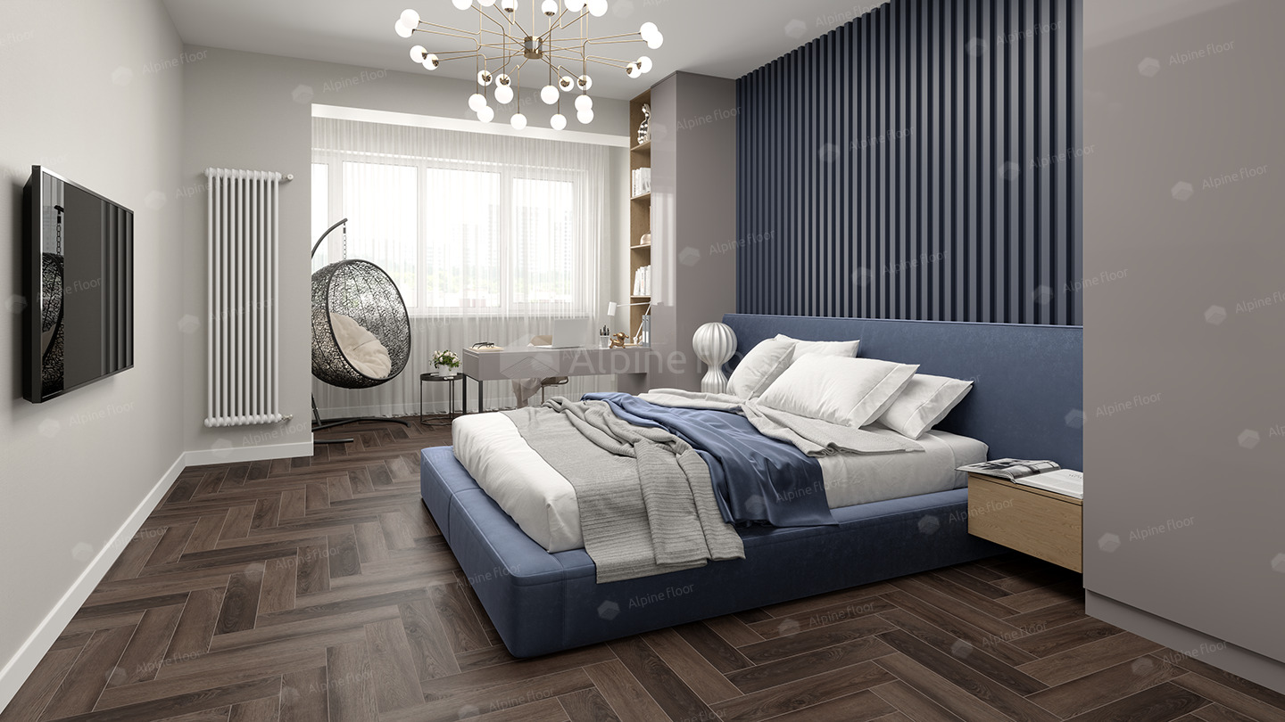 Кварцвиниловый SPC ламинат Alpine Floor Parquet Premium Дуб Фафнир ECO 19-16 венгерская елка 600×125×8 фото в интерьере