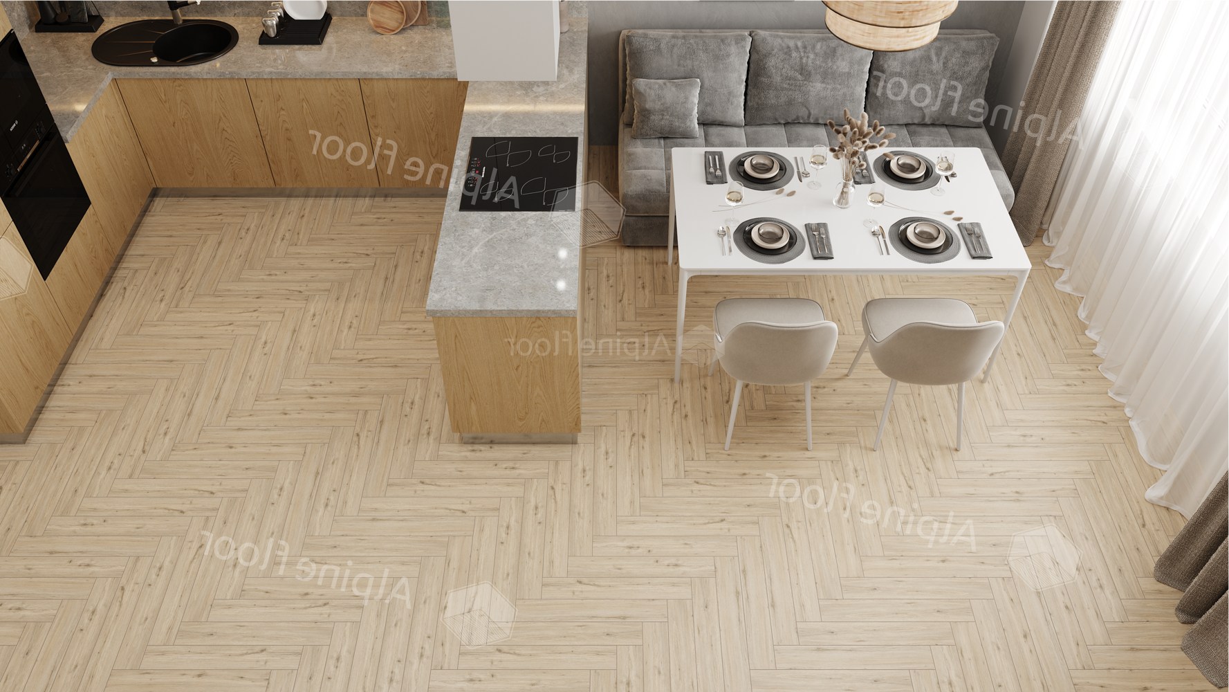 Ламинат Alpine Floor Herringbone 12 PRO Дуб Лион LF106-01 венгерская елка 606×101×12 фото в интерьере
