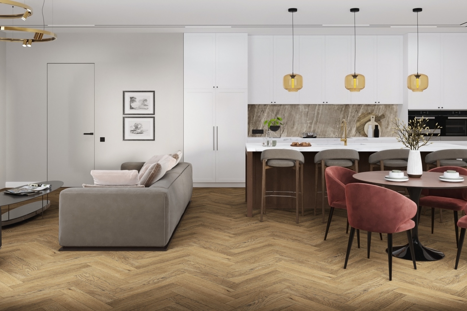Кварцвиниловый SPC ламинат Damy Floor London Кембридж 200410EL-01 венгерская елка 615×123×4 фото в интерьере