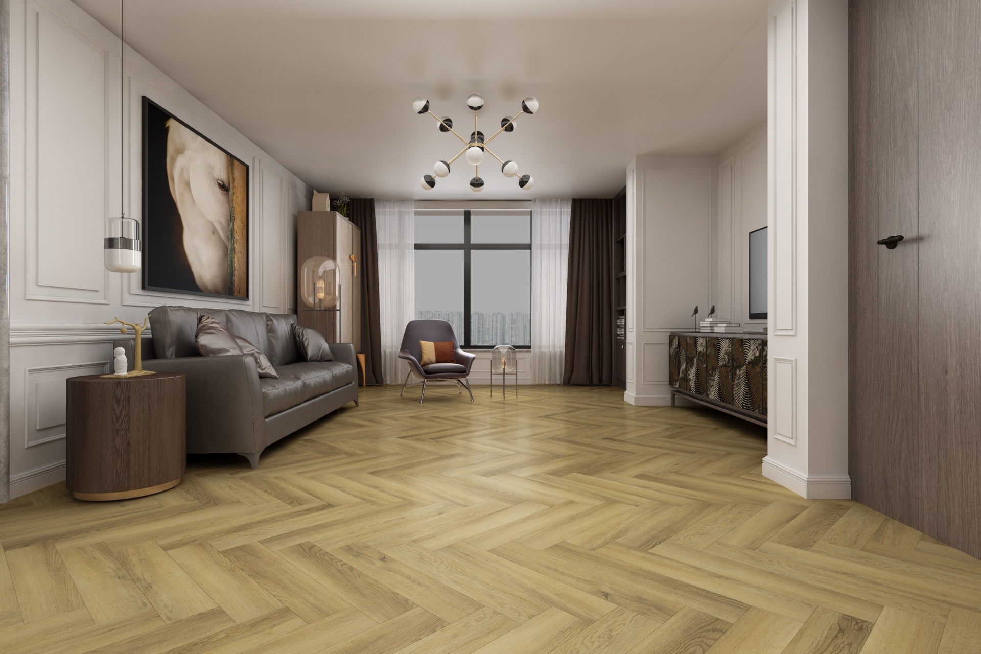 Кварцвиниловый SPC ламинат Damy Floor London Кембридж 200410EL-01 венгерская елка 615×123×4 фото в интерьере