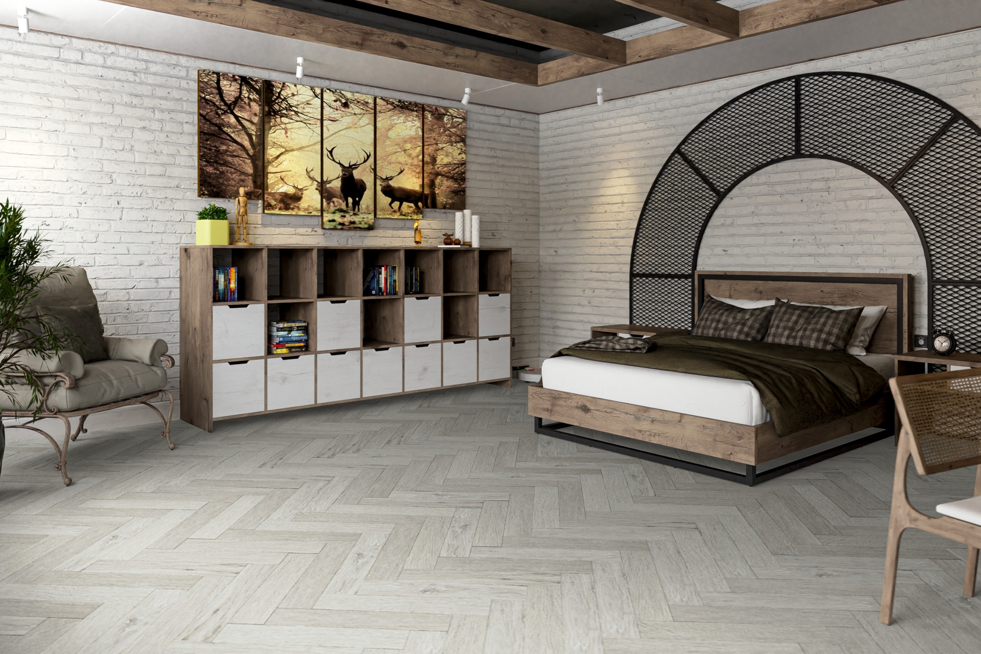 Кварцвиниловый SPC ламинат Damy Floor London Йорк 191023EL-04 венгерская елка 615×123×4 фото в интерьере
