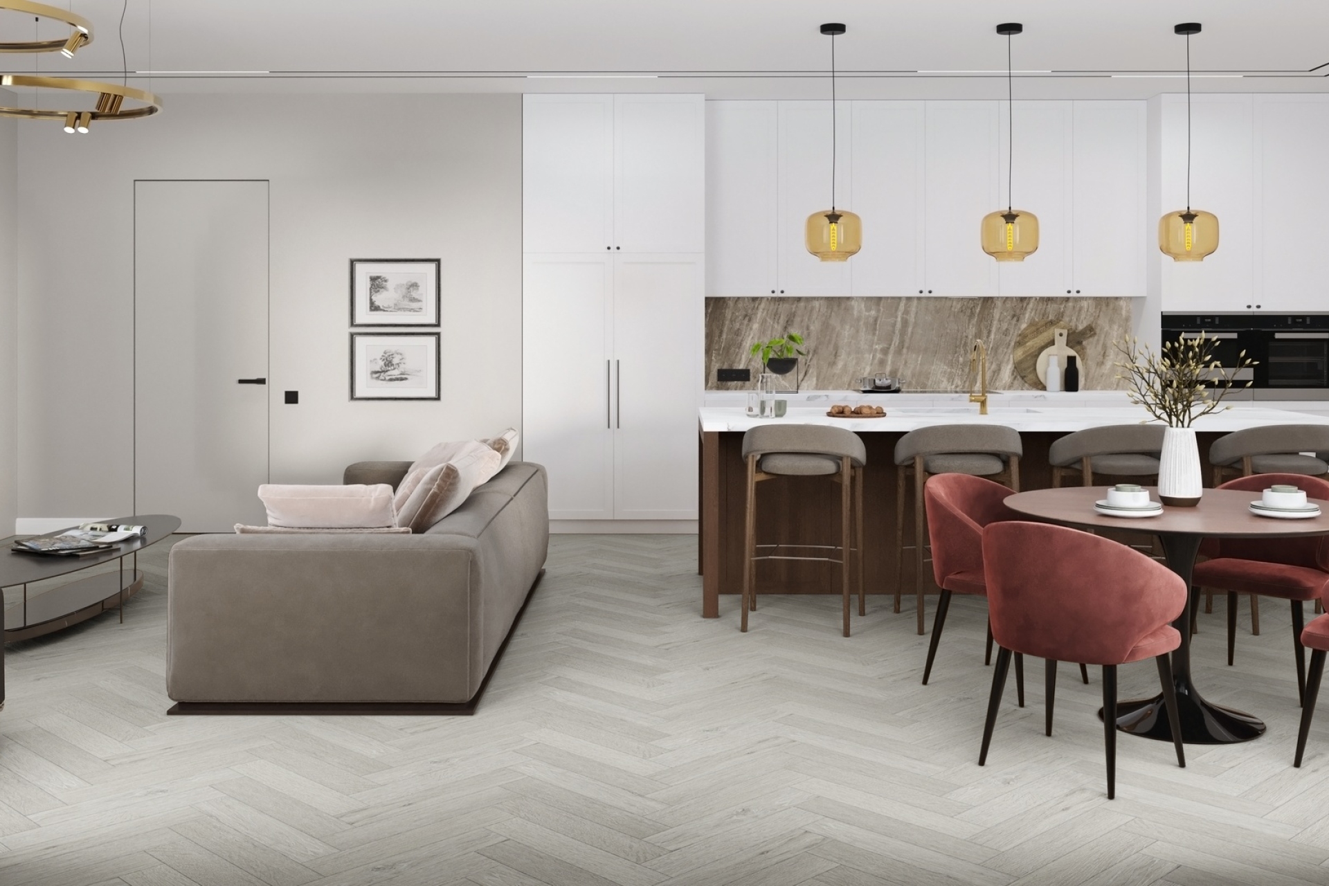 Кварцвиниловый SPC ламинат Damy Floor London Йорк 191023EL-04 венгерская елка 615×123×4 фото в интерьере