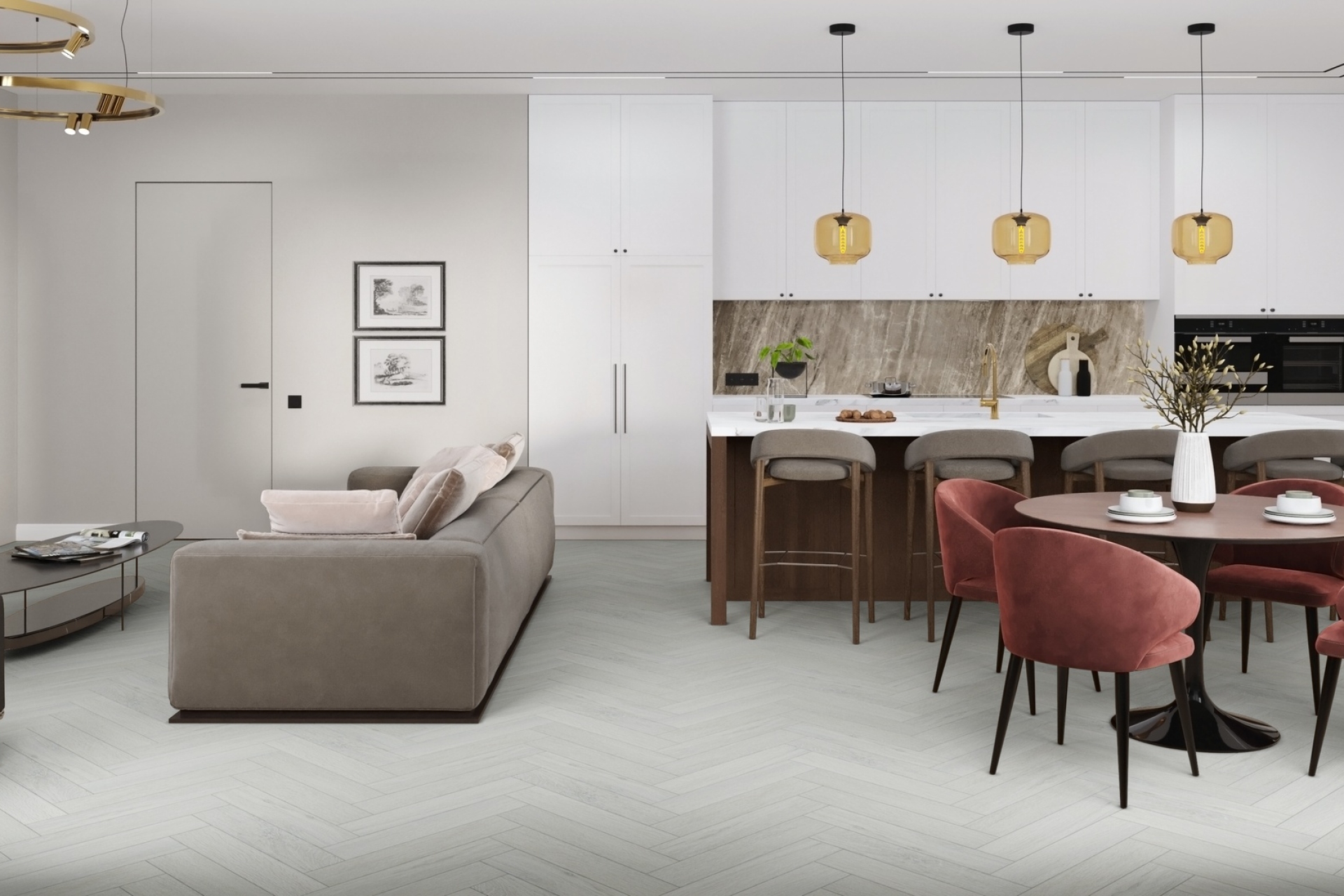 Кварцвиниловый SPC ламинат Damy Floor London Кардифф 191023EL-05 венгерская елка 615×123×4 фото в интерьере