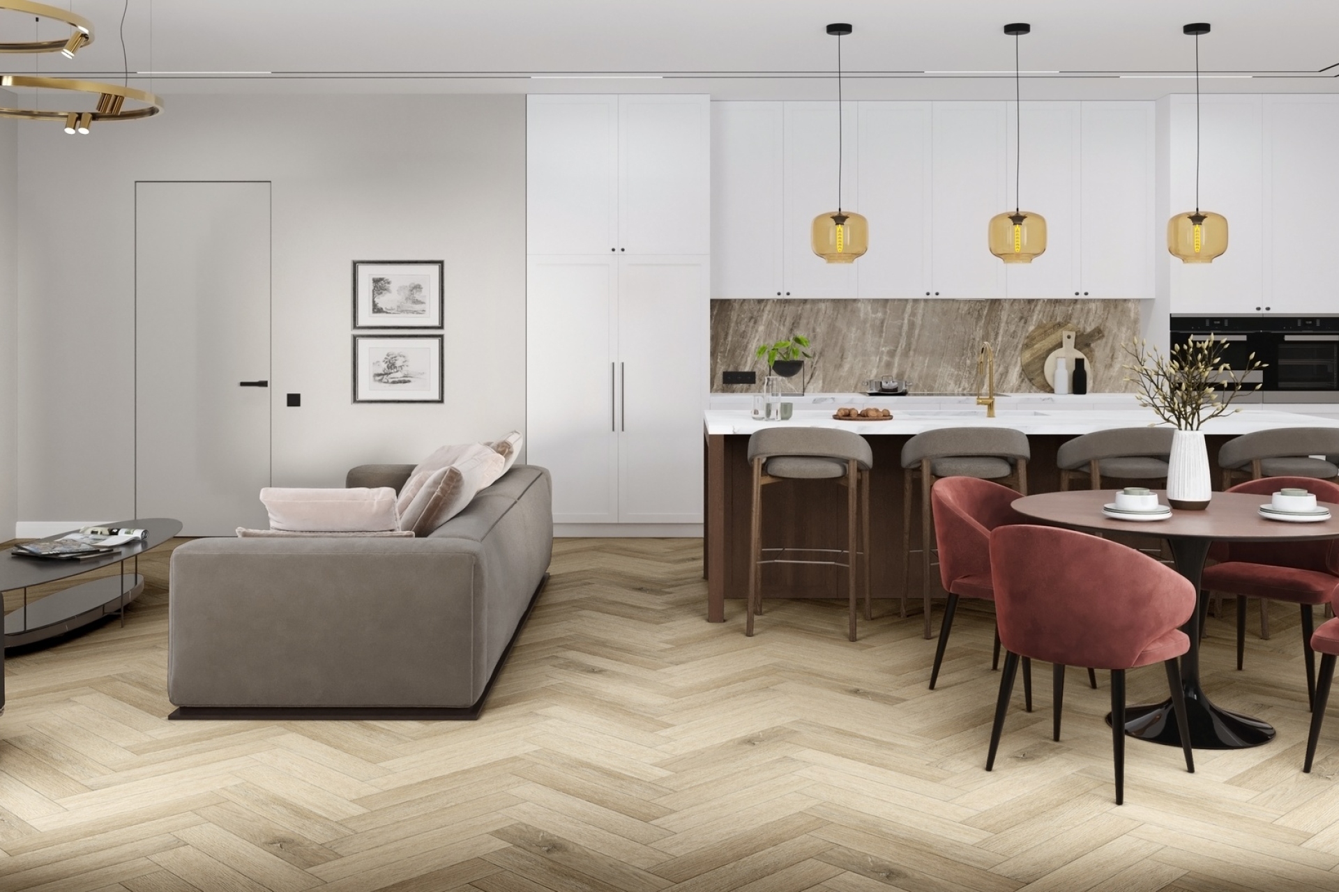 Кварцвиниловый SPC ламинат Damy Floor London Честер 200415EL-01 венгерская елка 615×123×4 фото в интерьере