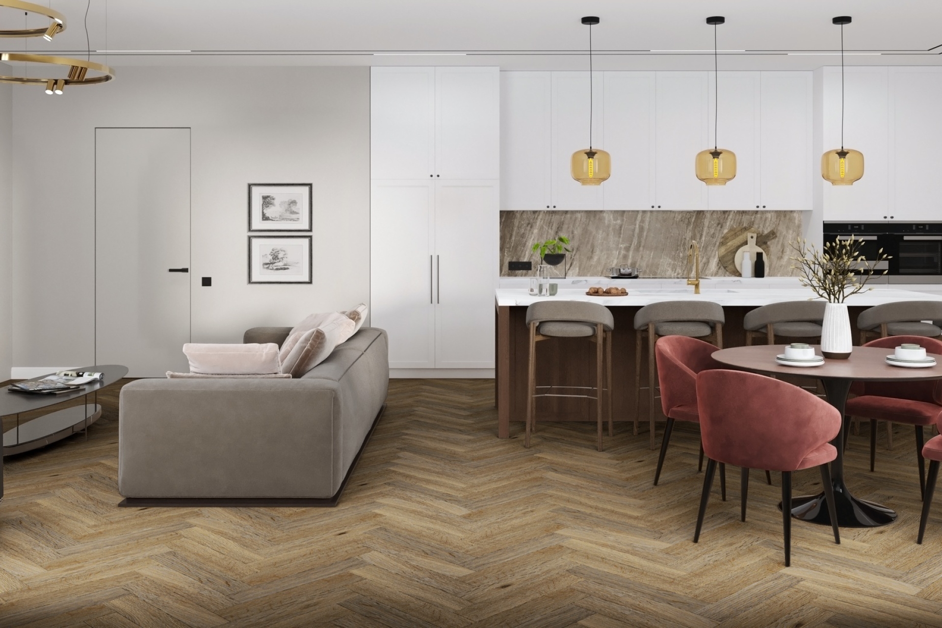 Кварцвиниловый SPC ламинат Damy Floor London Ковентри 190707EL-01 венгерская елка 615×123×4 фото в интерьере