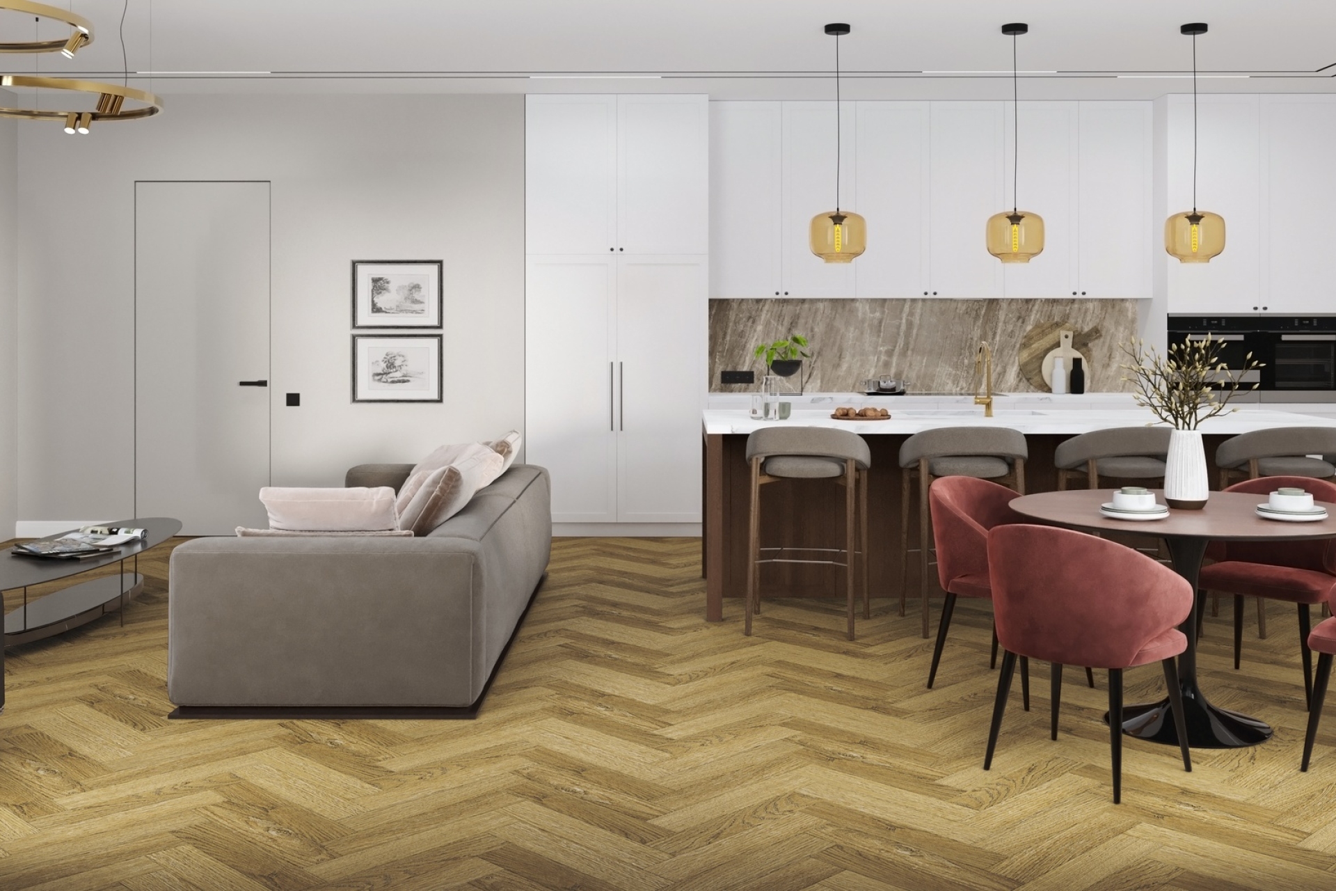 Кварцвиниловый SPC ламинат Damy Floor London Шеффилд 190902EL-07 венгерская елка 615×123×4 фото в интерьере