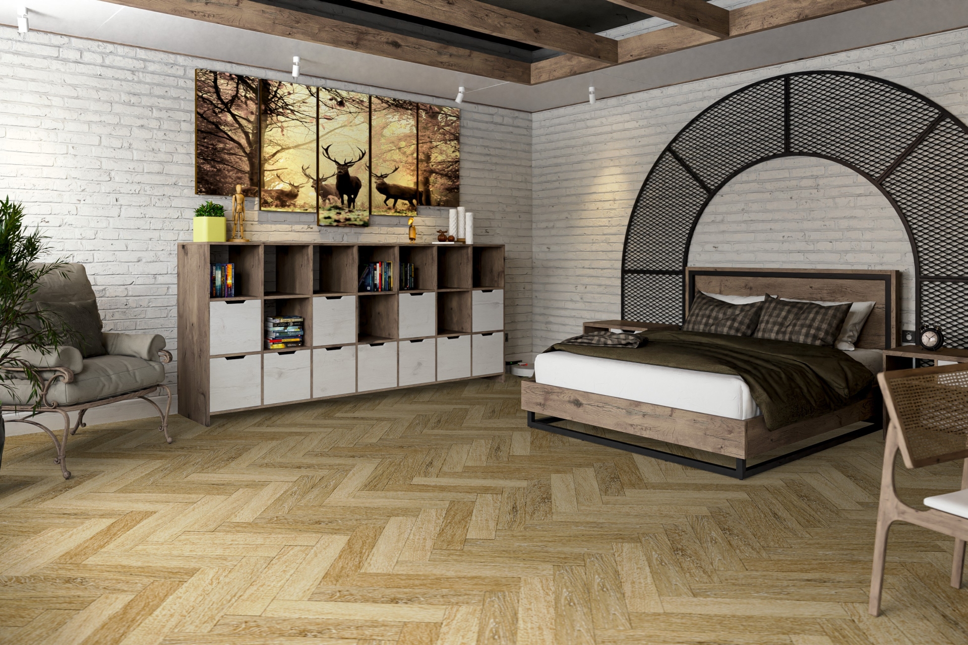 Кварцвиниловый SPC ламинат Damy Floor London Эдинбург 191023EL-13 венгерская елка 615×123×4 фото в интерьере