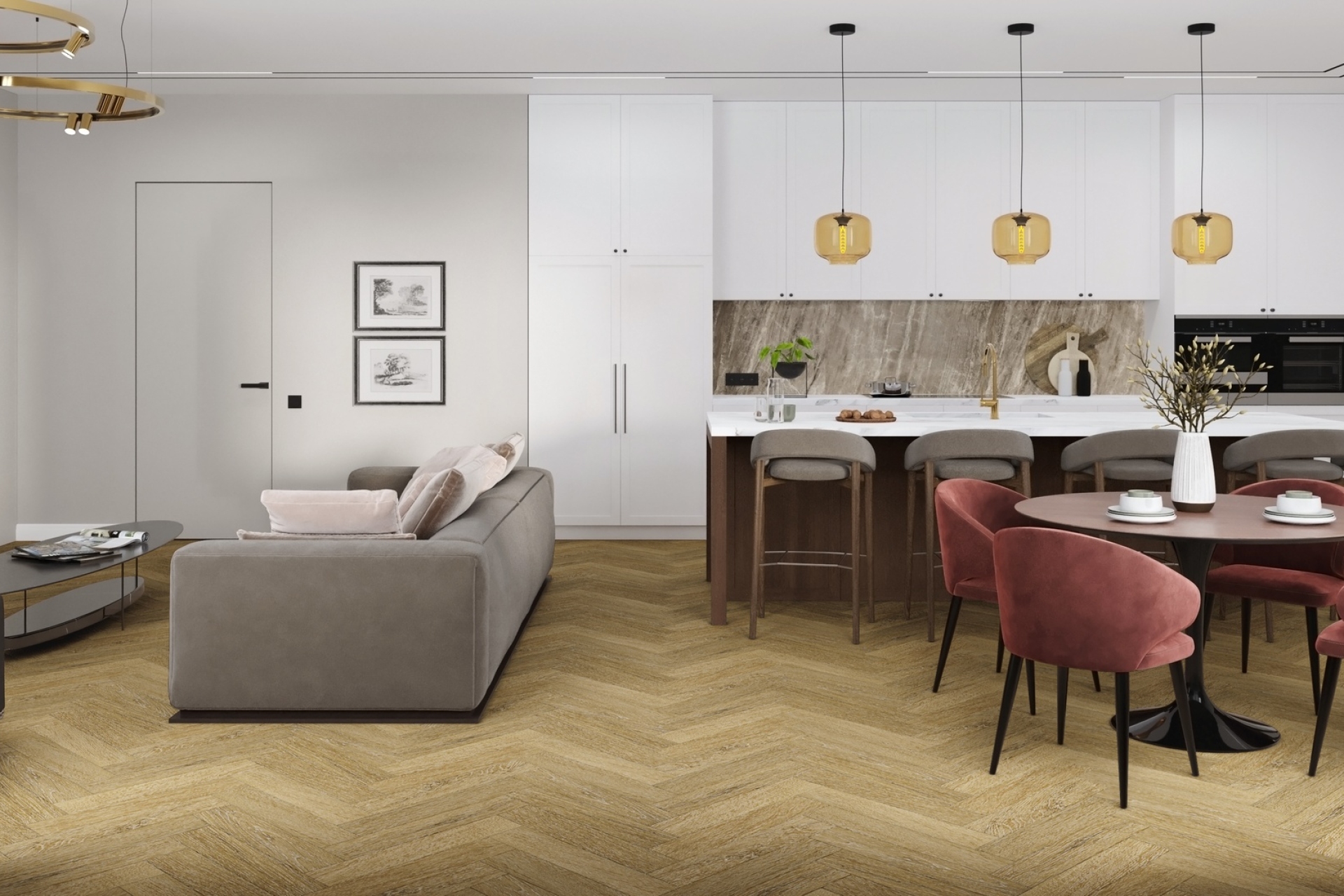 Кварцвиниловый SPC ламинат Damy Floor London Эдинбург 191023EL-13 венгерская елка 615×123×4 фото в интерьере