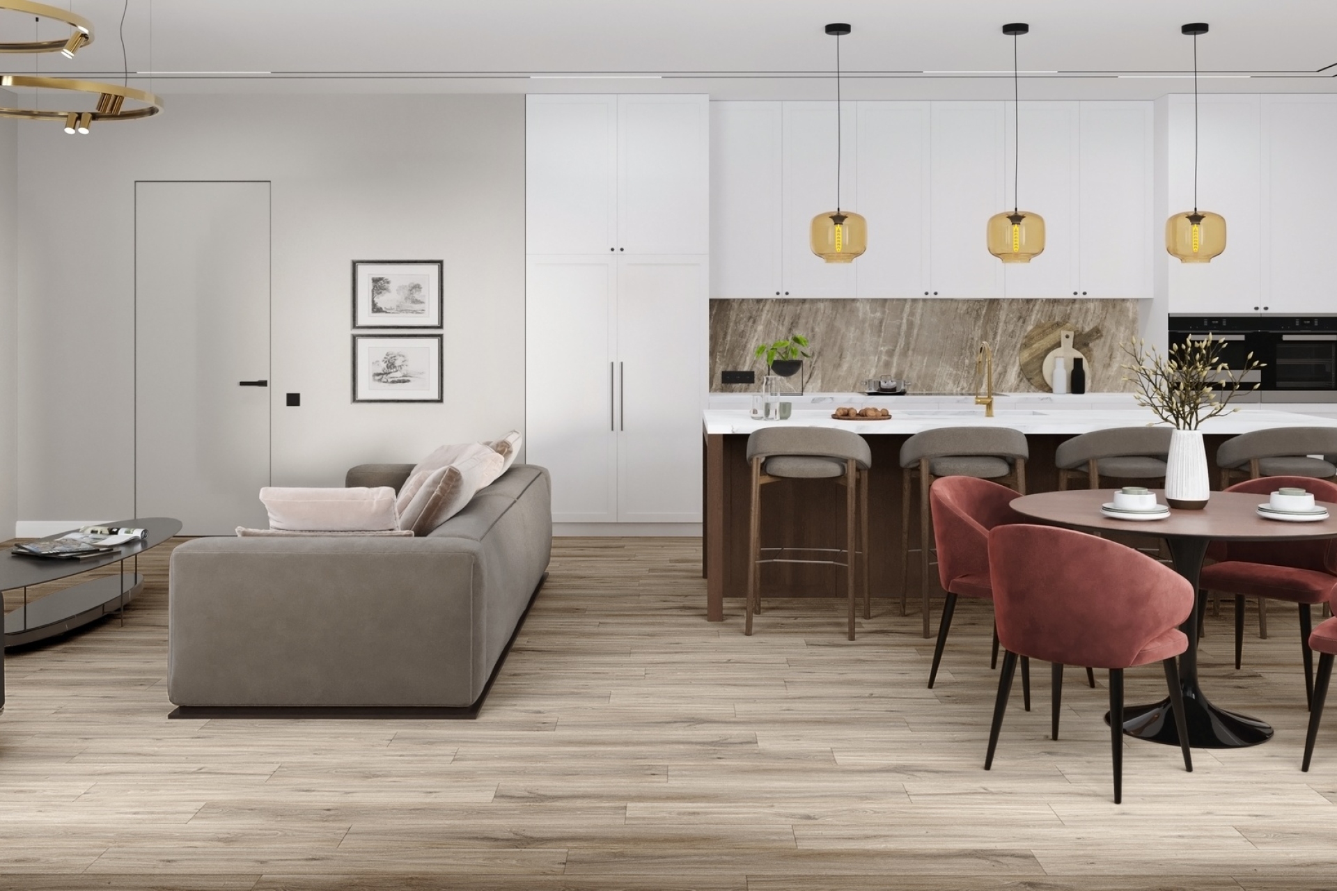 Кварцвиниловый SPC ламинат Damy Floor Family Дуб Натуральный 6607-9 1220×180×4 фото в интерьере