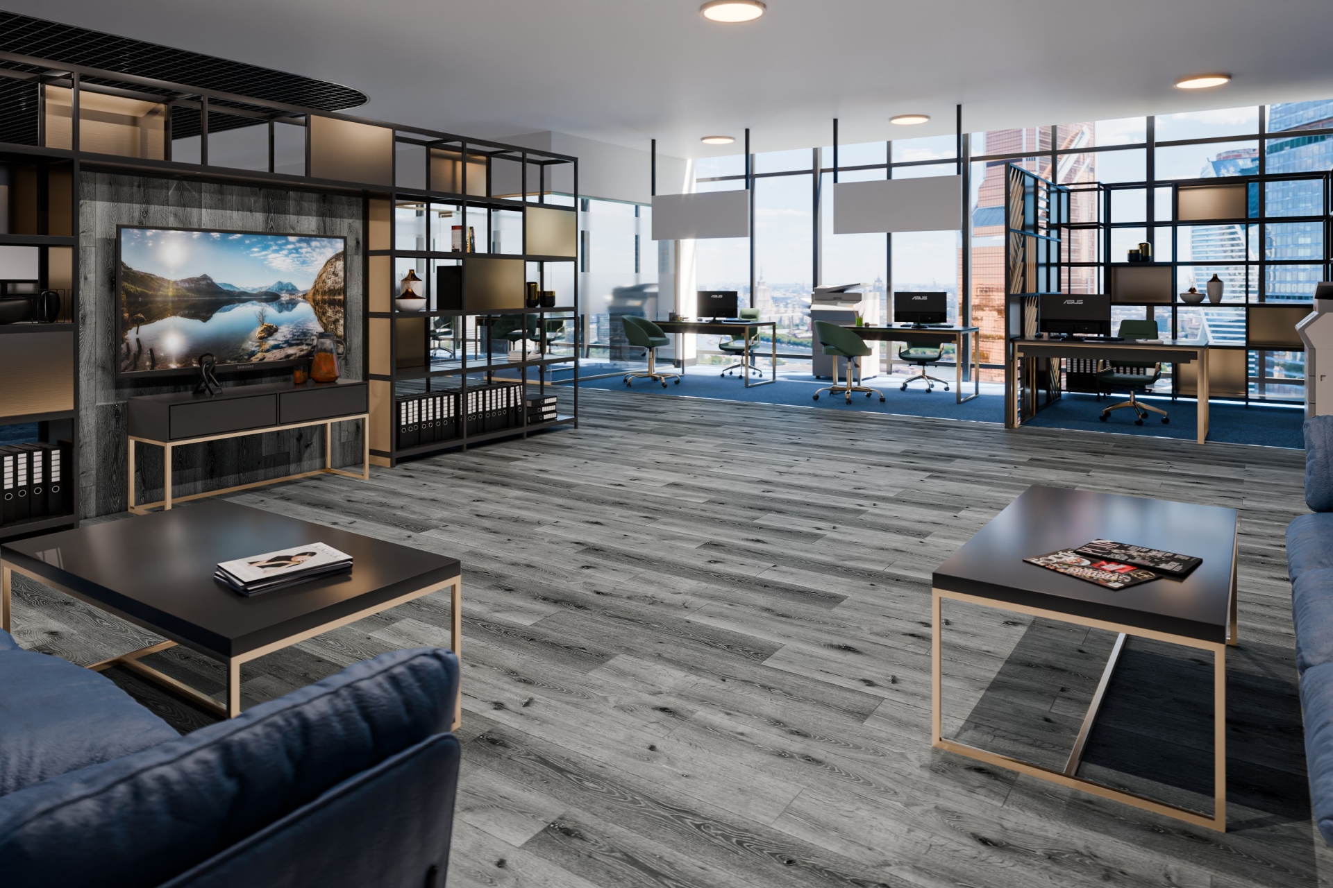 Кварцвиниловый SPC ламинат Damy Floor Family Дуб Сильвер T7020-23 1220×180×4 фото в интерьере