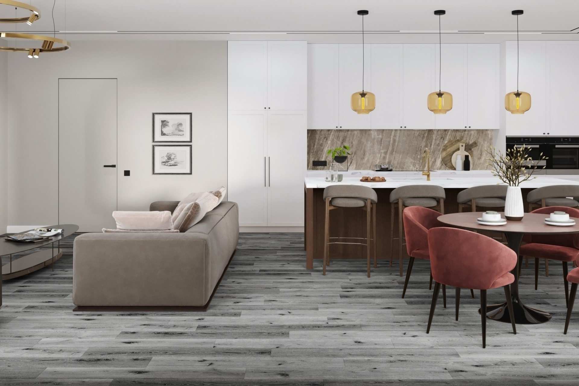 Кварцвиниловый SPC ламинат Damy Floor Family Дуб Сильвер T7020-23 1220×180×4 фото в интерьере
