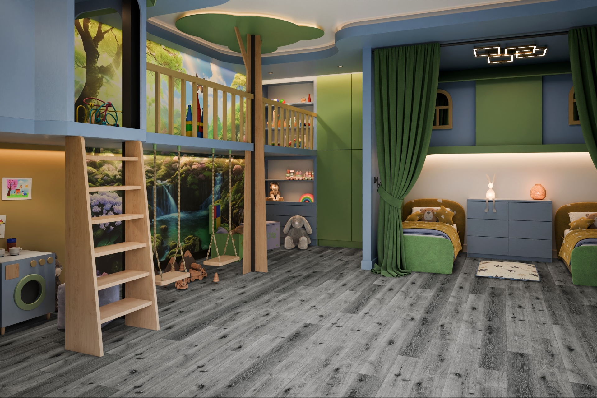 Кварцвиниловый SPC ламинат Damy Floor Family Дуб Сильвер T7020-23 1220×180×4 фото в интерьере