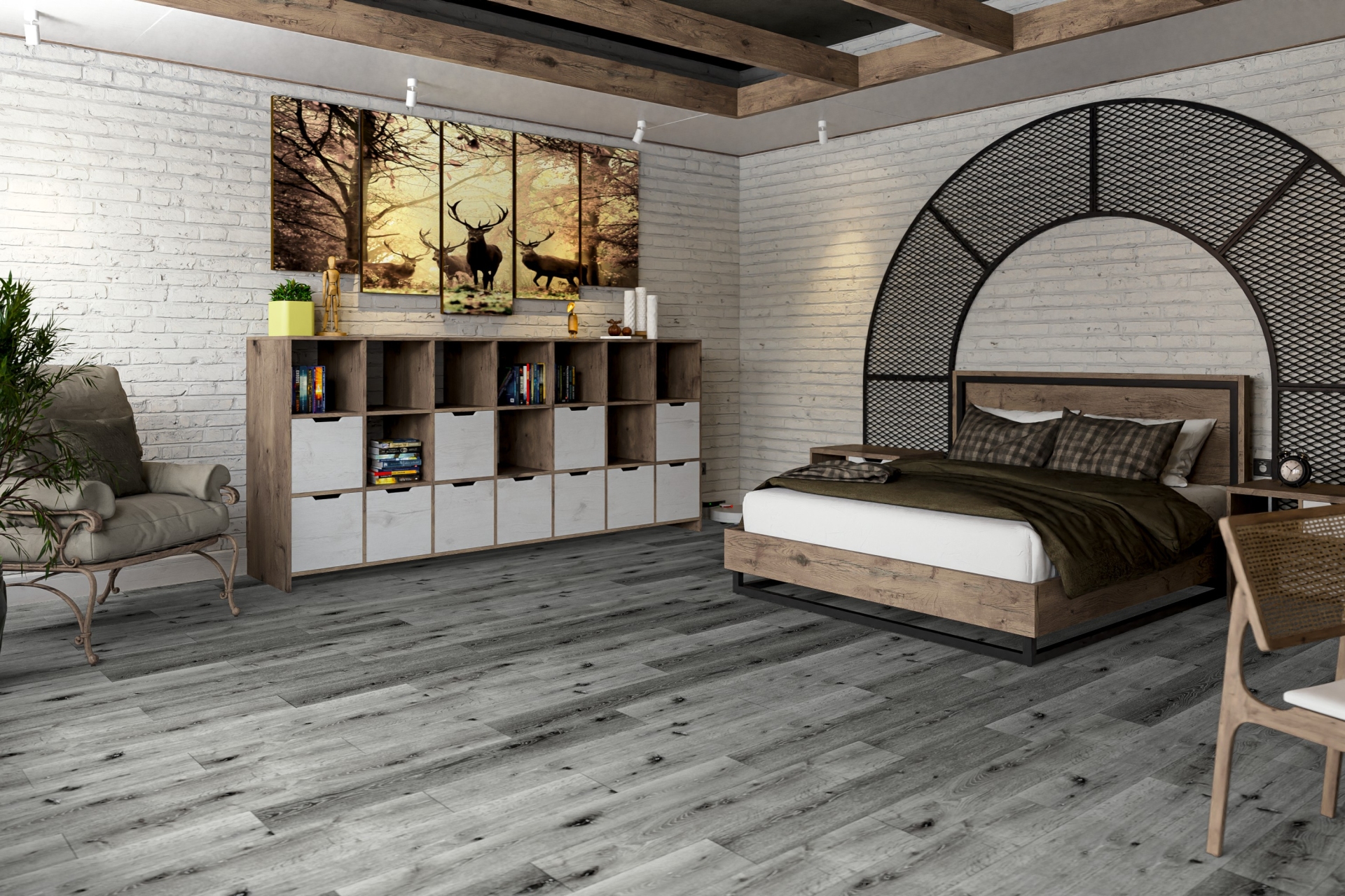 Кварцвиниловый SPC ламинат Damy Floor Family Дуб Сильвер T7020-23 1220×180×4 фото в интерьере