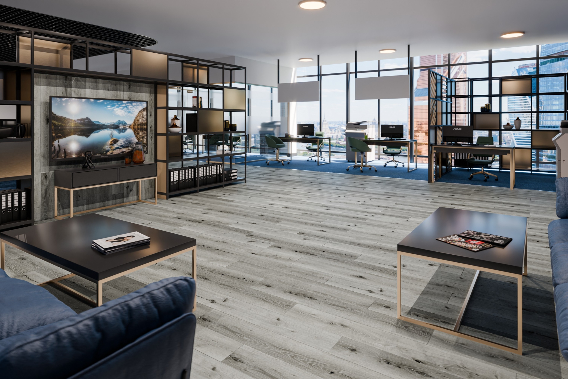 Кварцвиниловый SPC ламинат Damy Floor Family Дуб Классический Серый T7020-2 1220×180×4 фото в интерьере