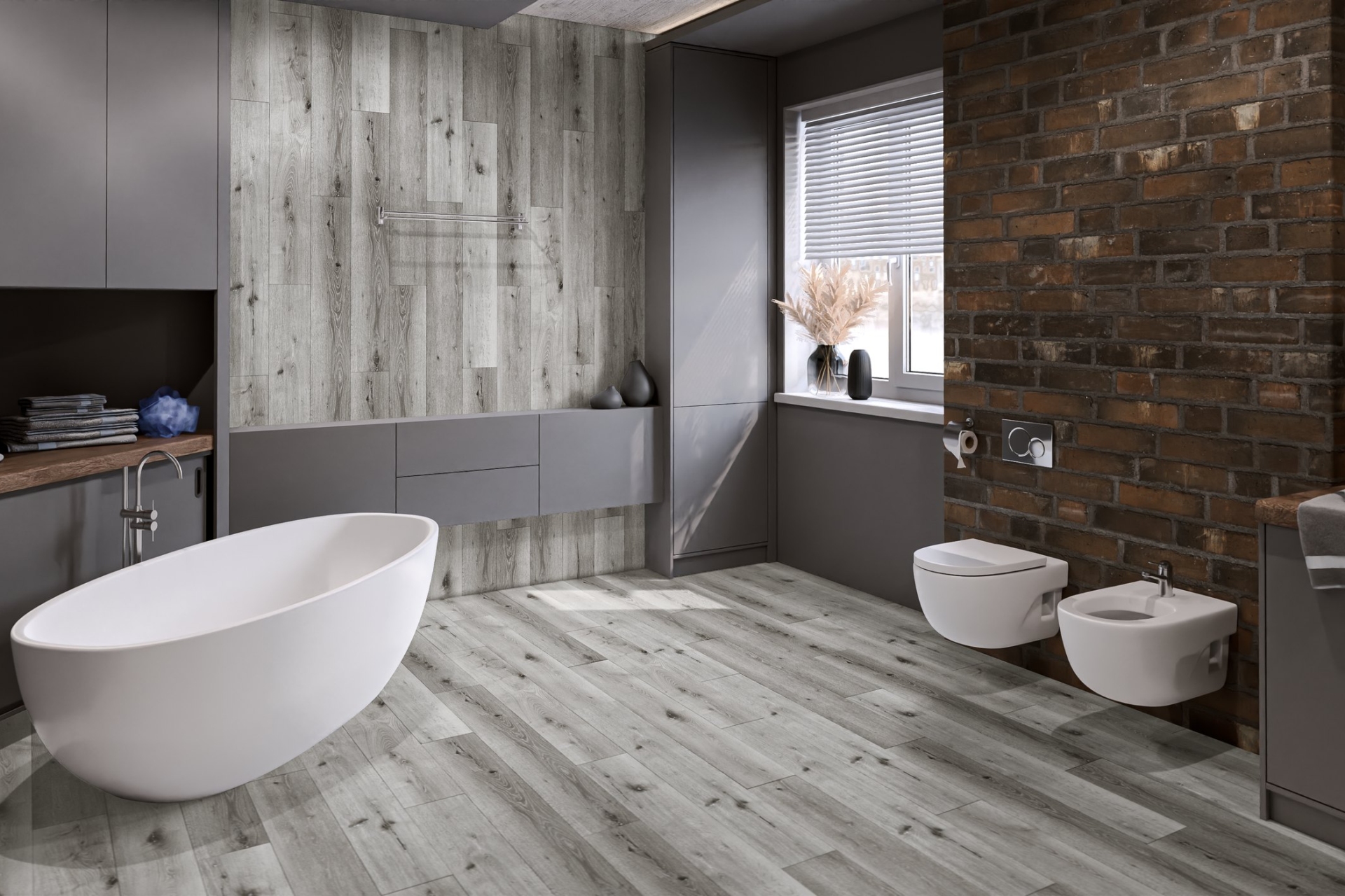 Кварцвиниловый SPC ламинат Damy Floor Family Дуб Классический Серый T7020-2 1220×180×4 фото в интерьере