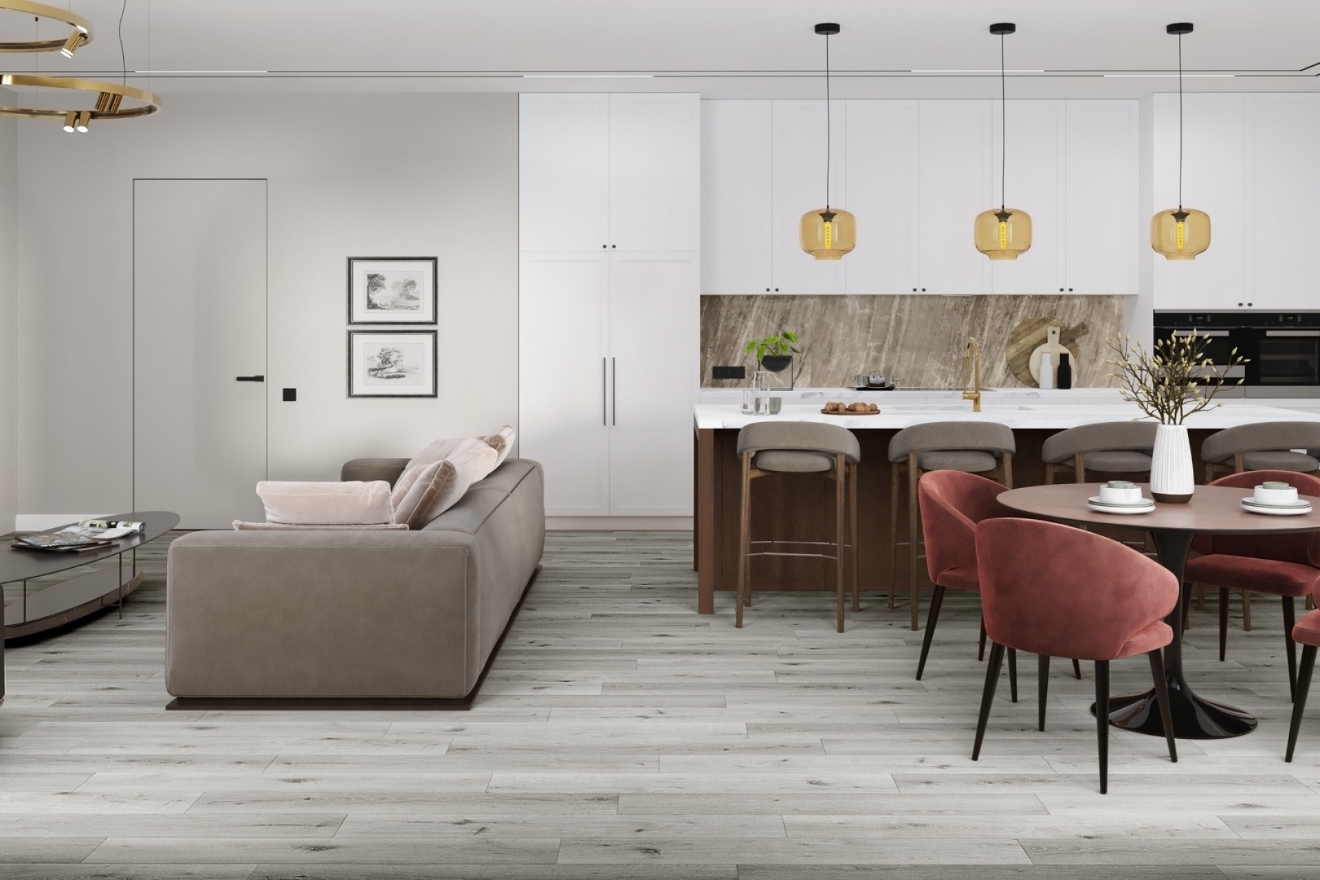 Кварцвиниловый SPC ламинат Damy Floor Family Дуб Классический Серый T7020-2 1220×180×4 фото в интерьере