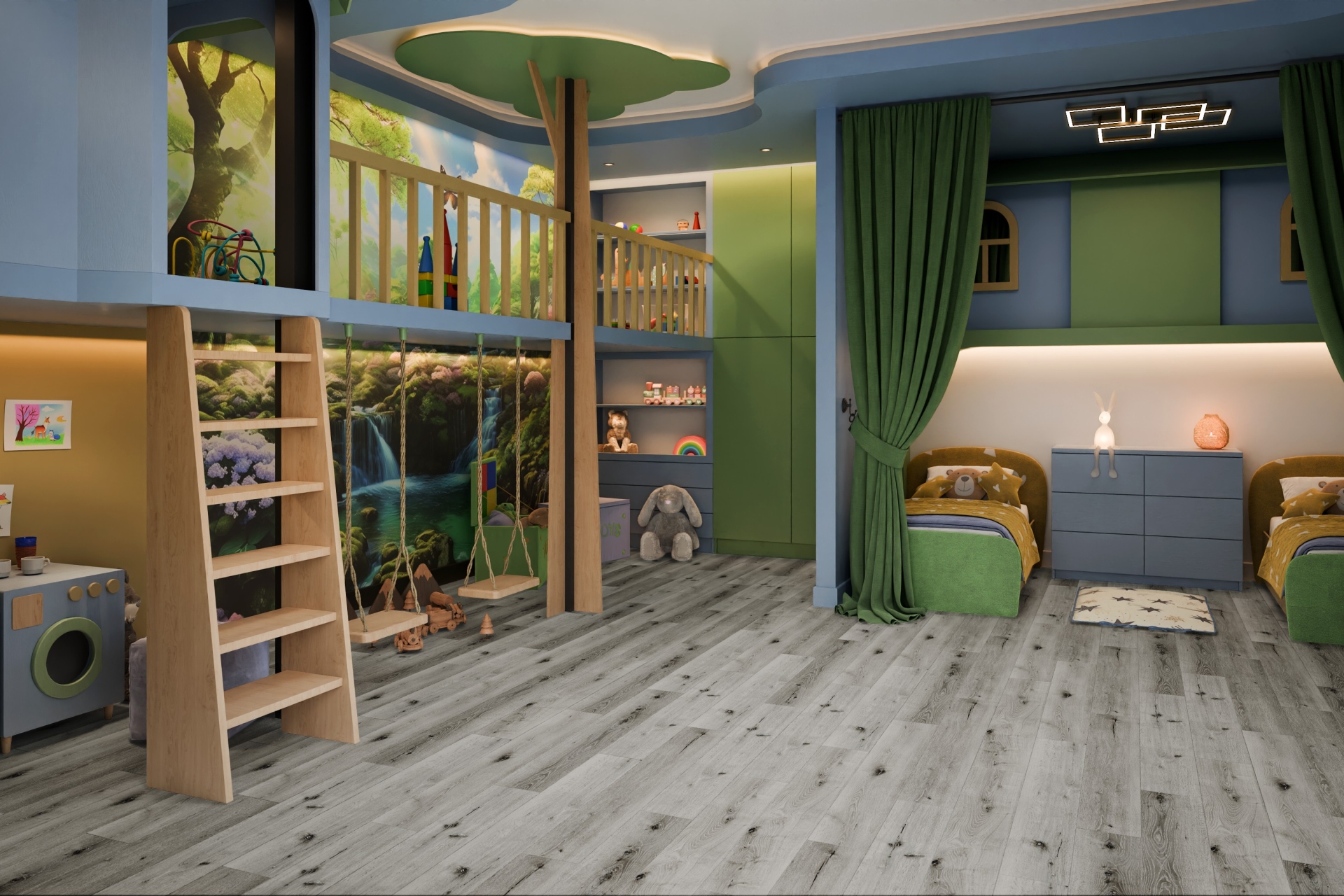 Кварцвиниловый SPC ламинат Damy Floor Family Дуб Классический Серый T7020-2 1220×180×4 фото в интерьере