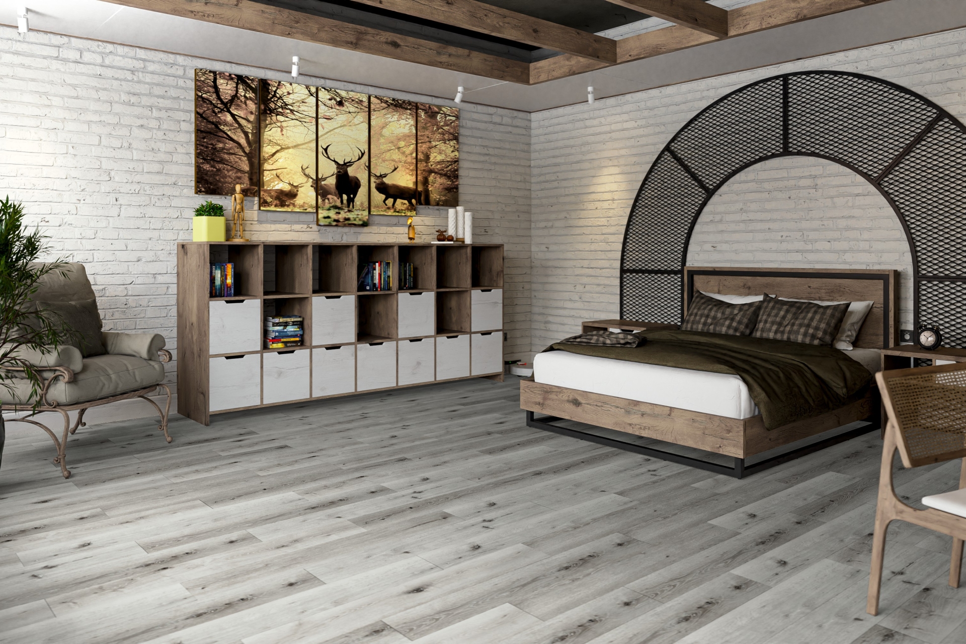 Кварцвиниловый SPC ламинат Damy Floor Family Дуб Классический Серый T7020-2 1220×180×4 фото в интерьере
