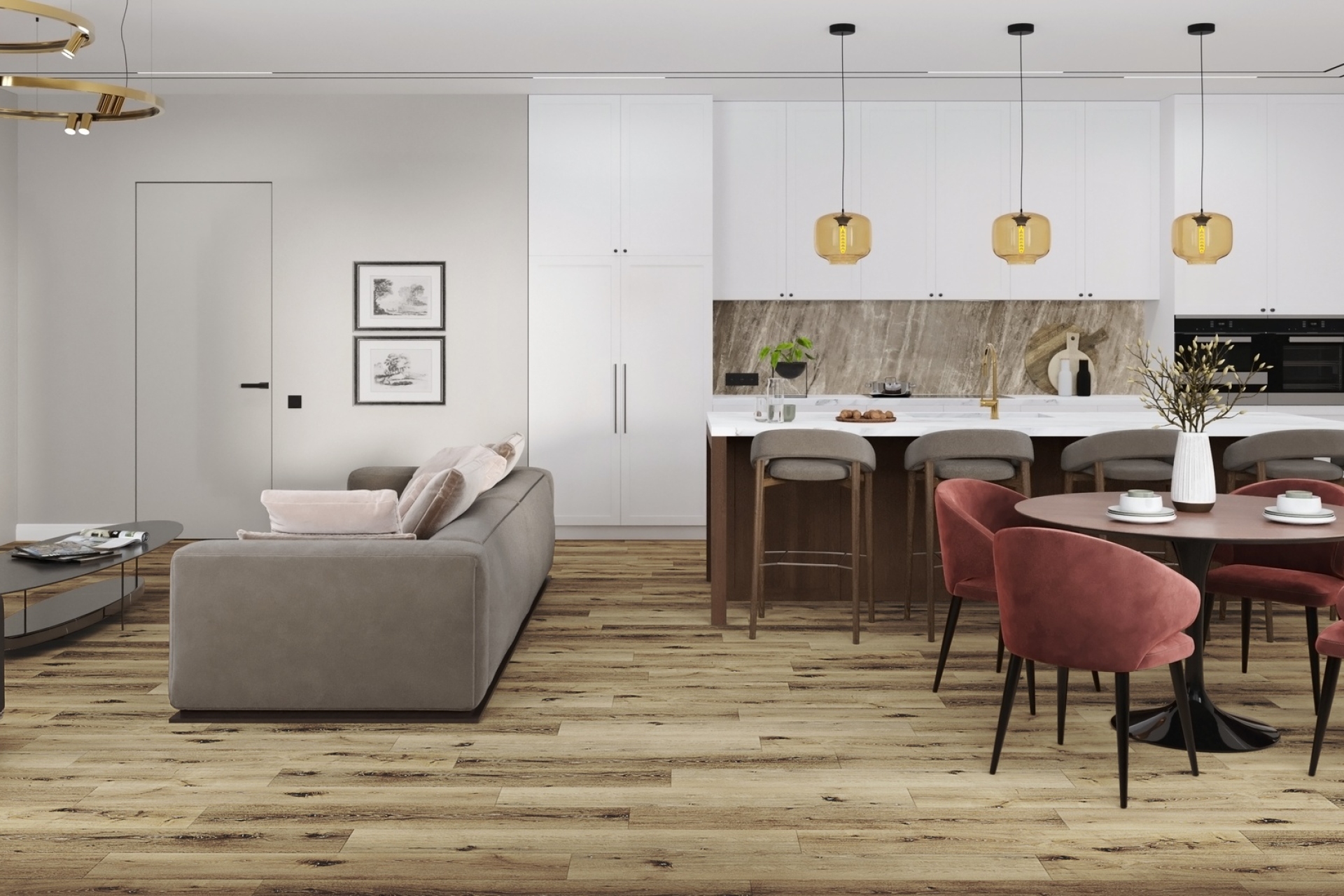 Кварцвиниловый SPC ламинат Damy Floor Family Дуб Провинциальный T7020-4 1220×180×4 фото в интерьере