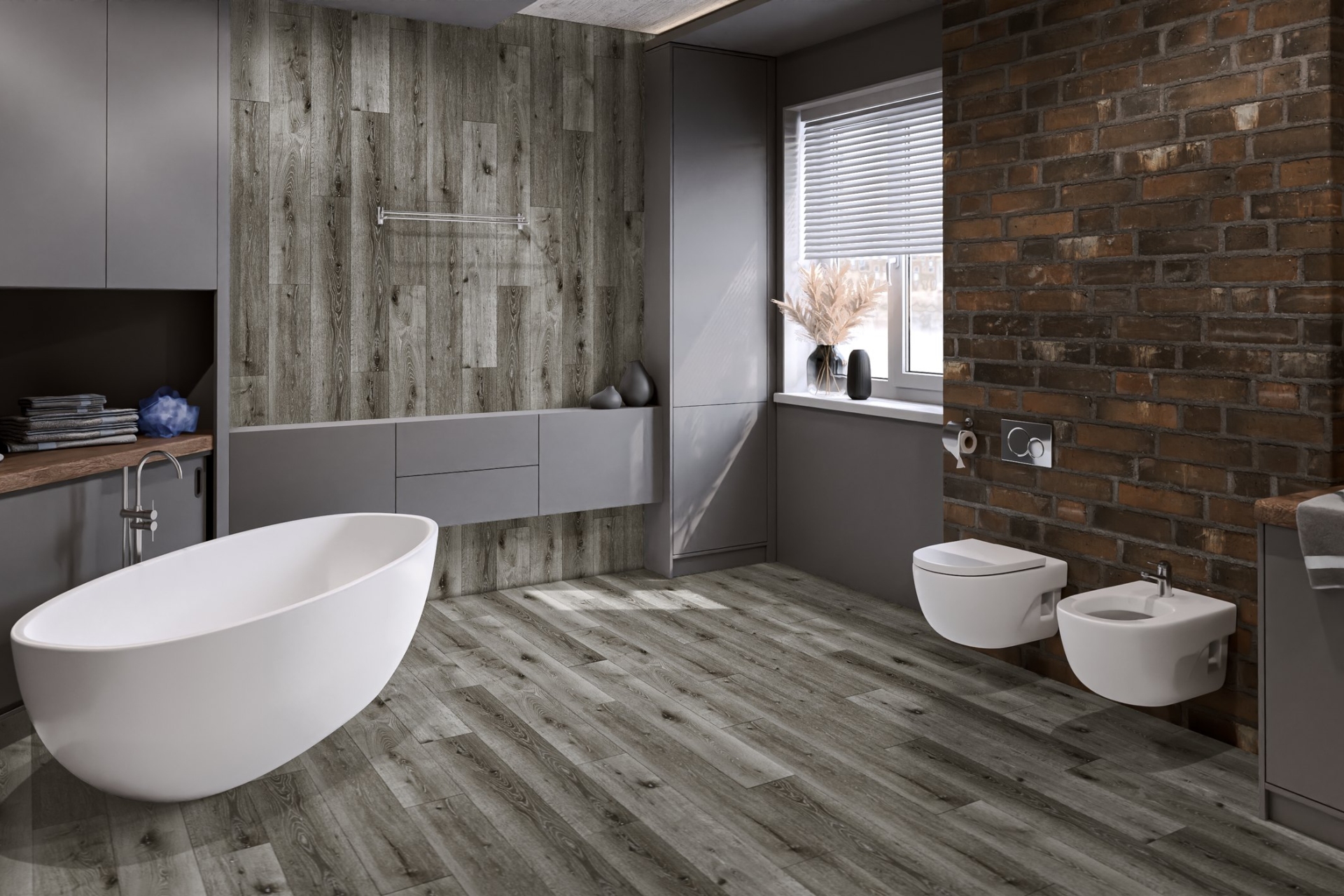 Кварцвиниловый SPC ламинат Damy Floor Family Дуб Состаренный Серый T7020-5D 1220×180×4 фото в интерьере