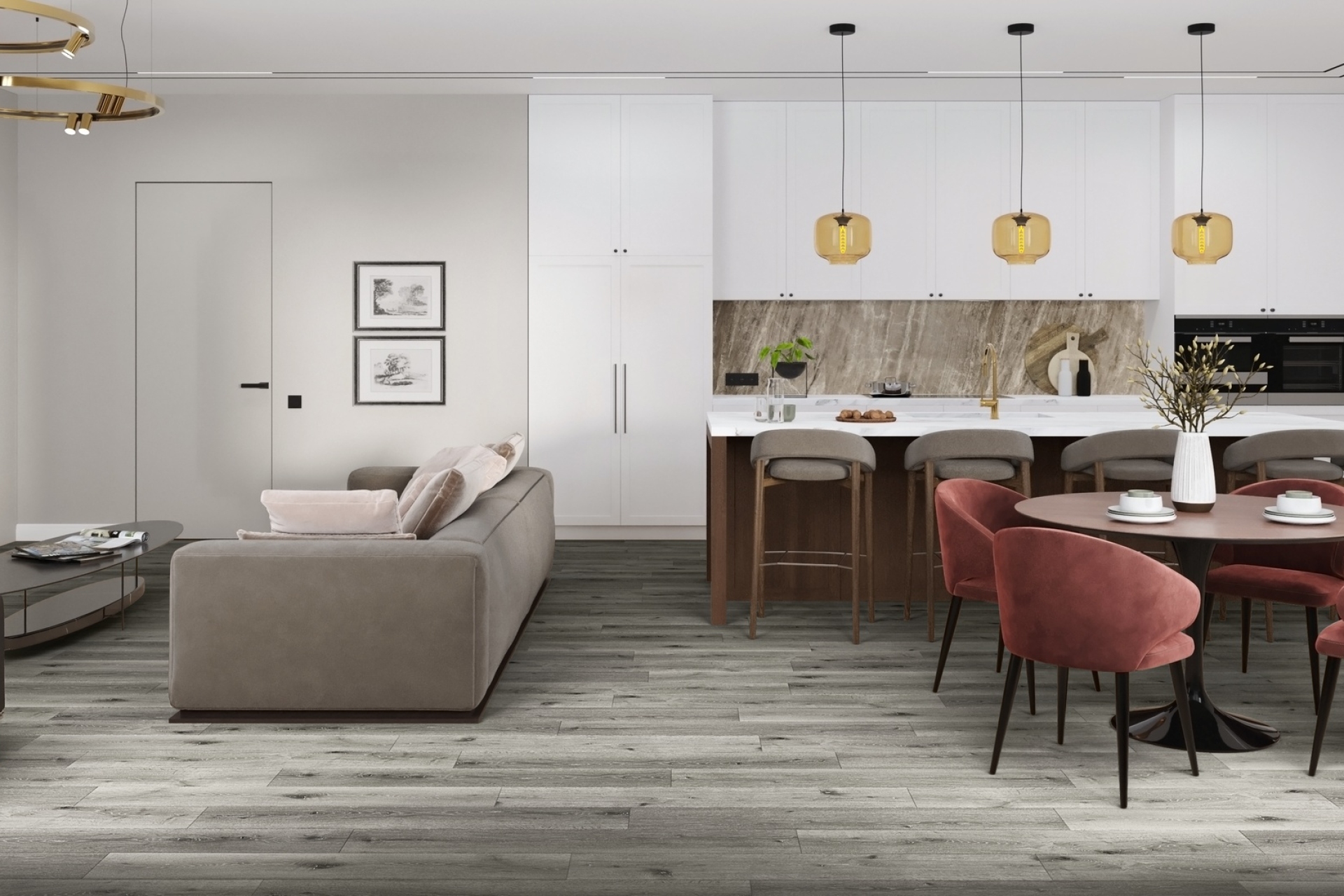 Кварцвиниловый SPC ламинат Damy Floor Family Дуб Состаренный Серый T7020-5D 1220×180×4 фото в интерьере