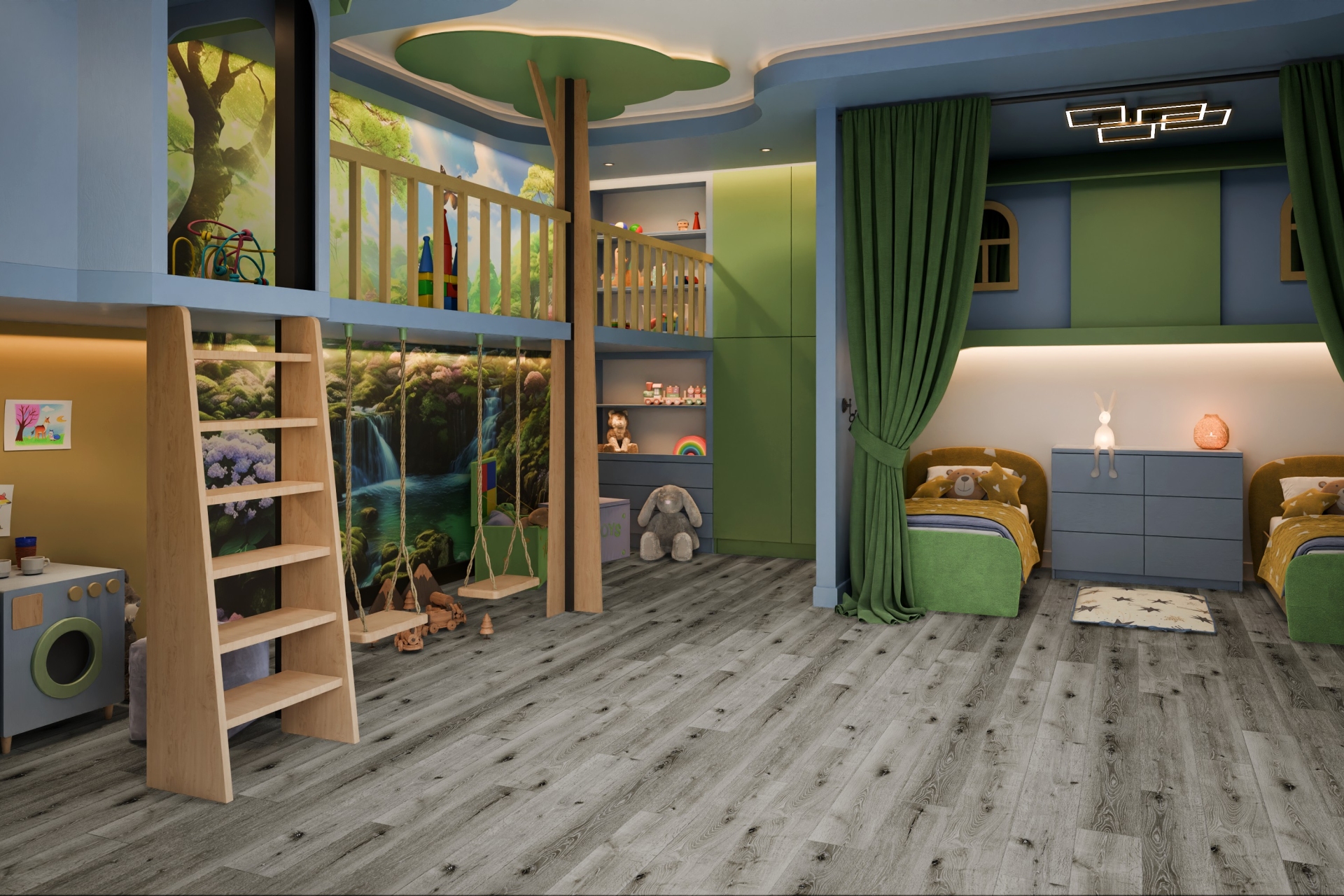 Кварцвиниловый SPC ламинат Damy Floor Family Дуб Состаренный Серый T7020-5D 1220×180×4 фото в интерьере