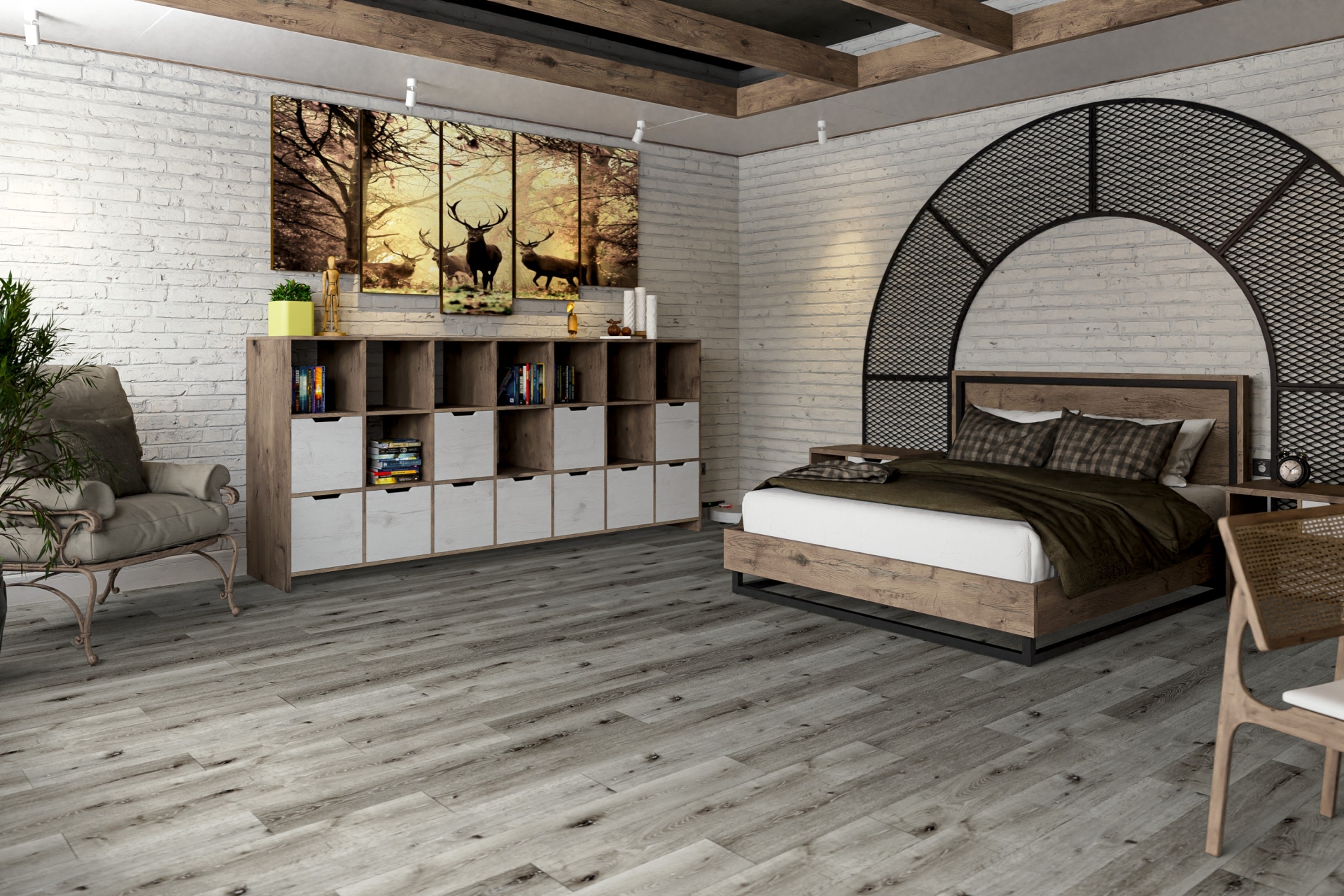 Кварцвиниловый SPC ламинат Damy Floor Family Дуб Состаренный Серый T7020-5D 1220×180×4 фото в интерьере